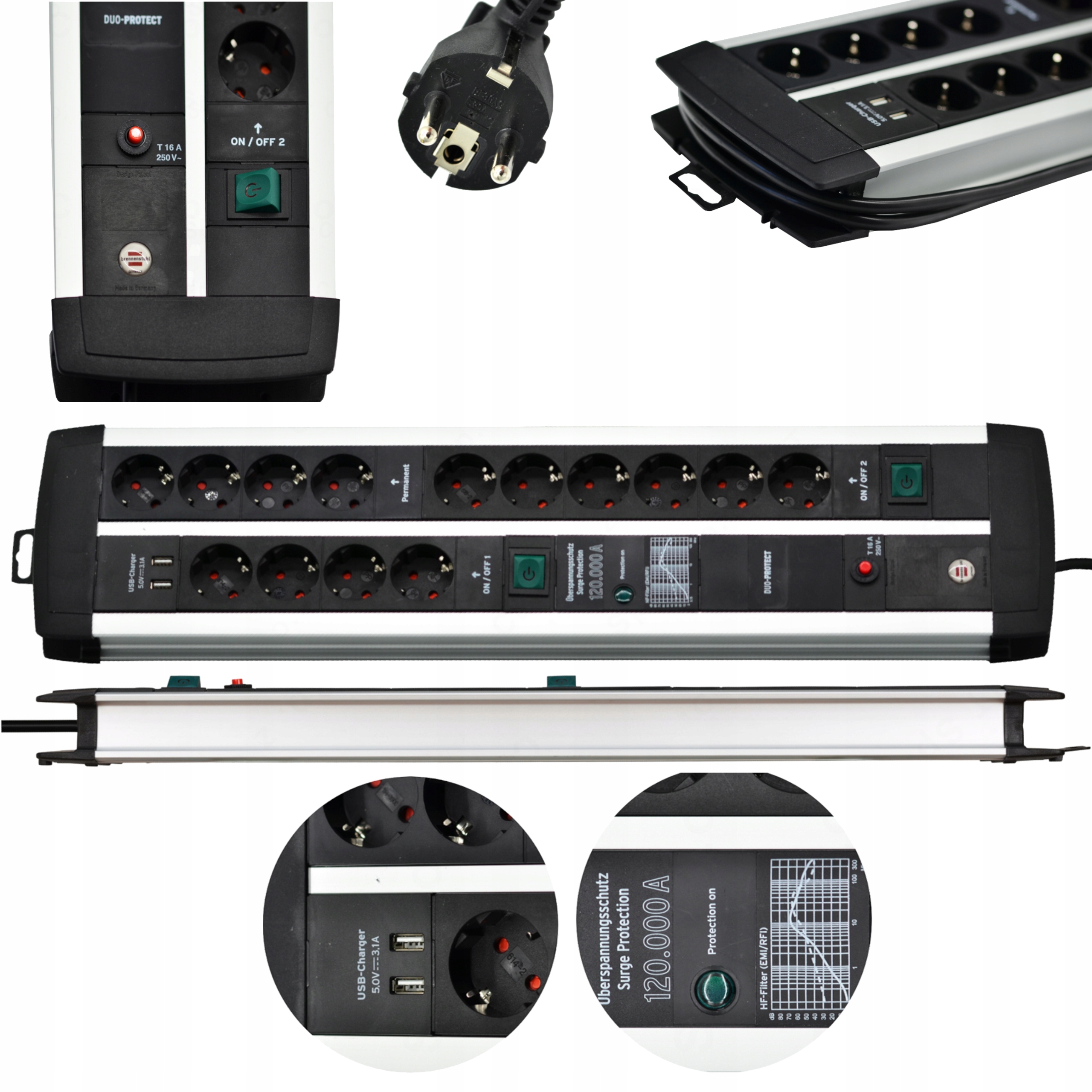 Listwa Przeciwprzepięciowa 14 Gniazd 120.000A Kabel 3 Metry 2 Włączniki Usb