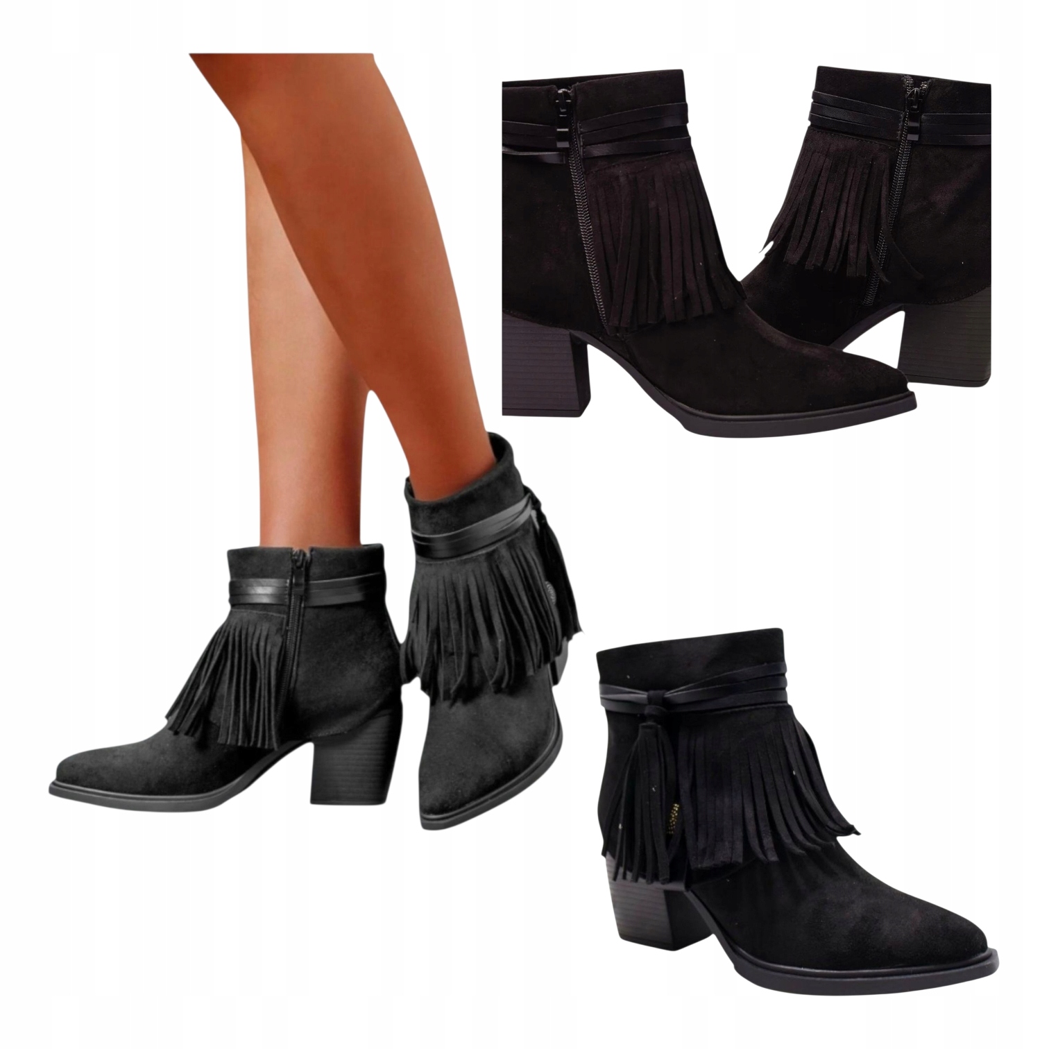 Dámské Kotníkové Boty na podpatku Kovbojské Boty s třásněmi Kožené Semišové Černé vel. 36