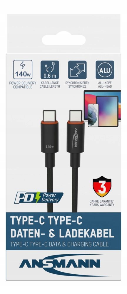 Kabel Ansmann Usbcc 140W 60 cm antracyt