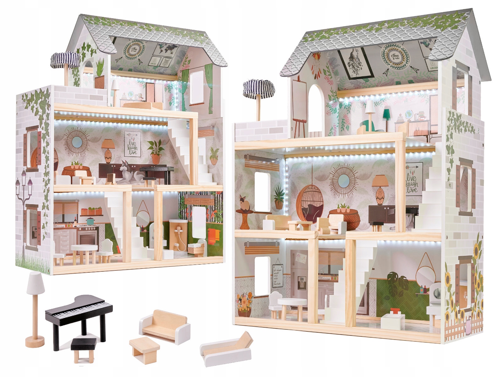 LULILO DOMEK DLA LALEK DREWNIANY FLORO BOHO ŚWIATŁO LED + MEBELKI 78cm