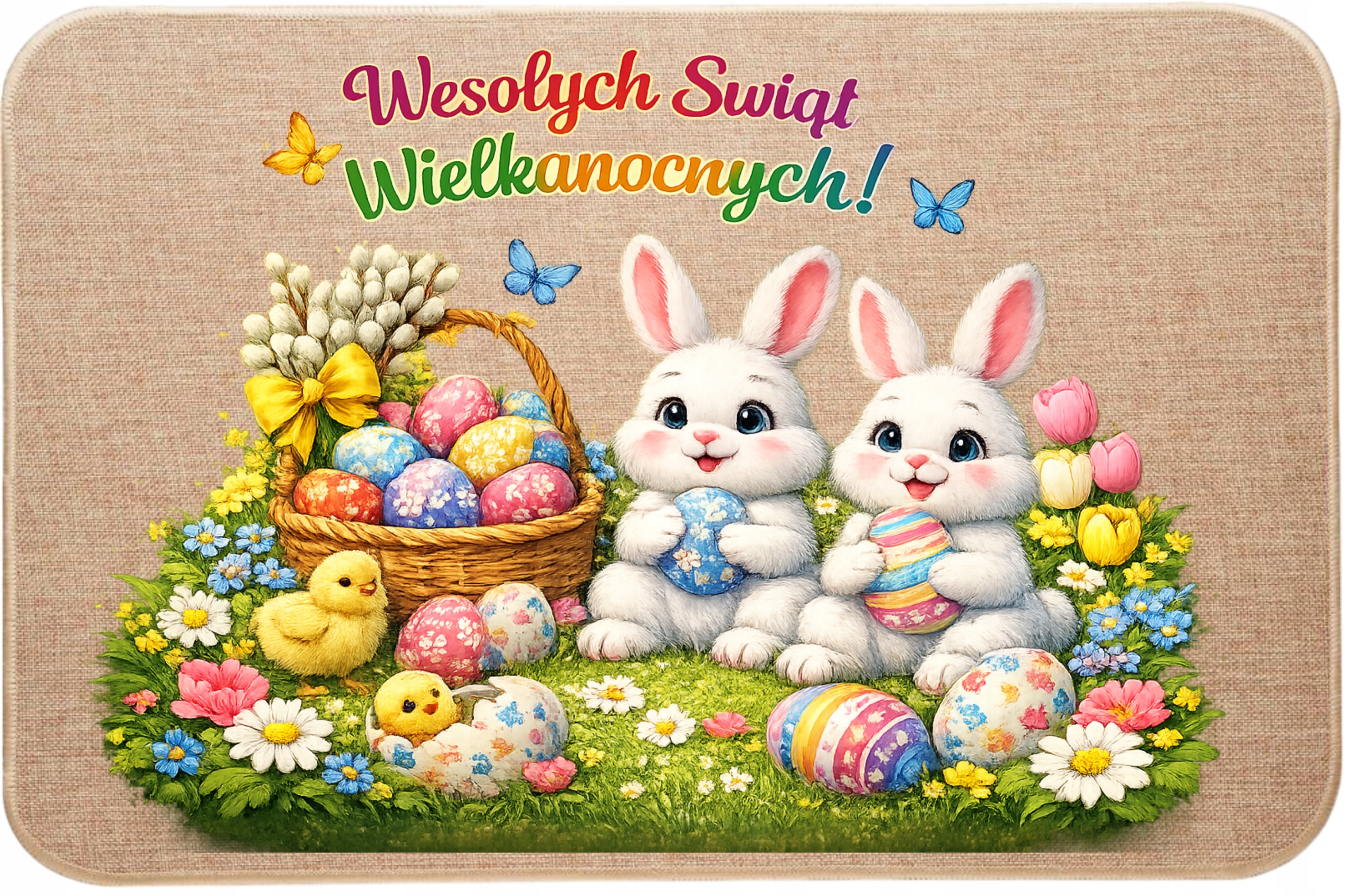 Lněná rohožka pod dveře Veselé Velikonoce Zajíčky Dvě