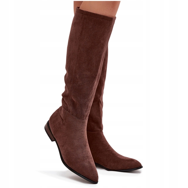 Semišové Kozačky Na Plochém Podpatku, Hnědé, Velikost 37