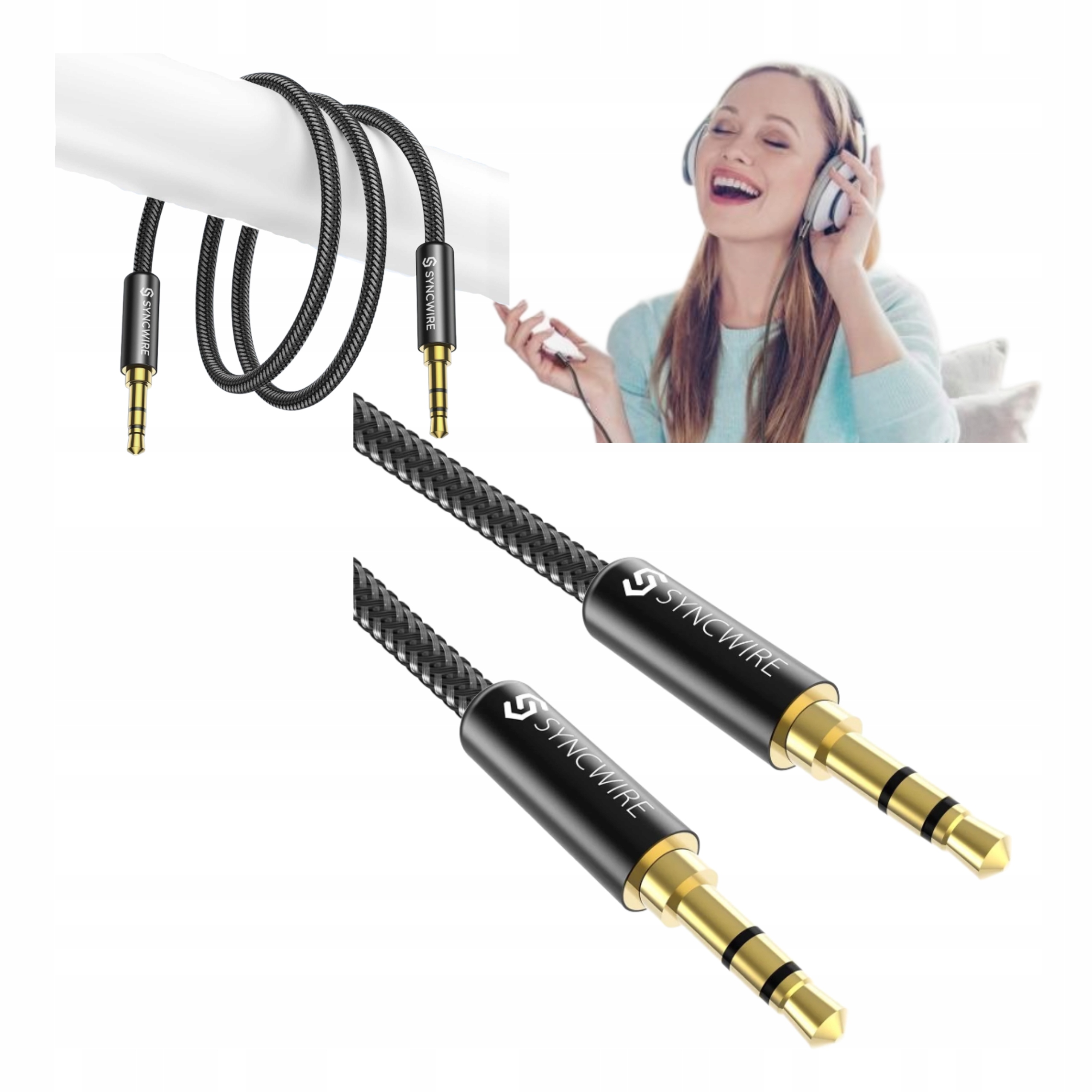 Kabel Aux 3.5 mm jack 1 m Pleciony Nylonowy Przewod Audio Do Auta i Sprzetu