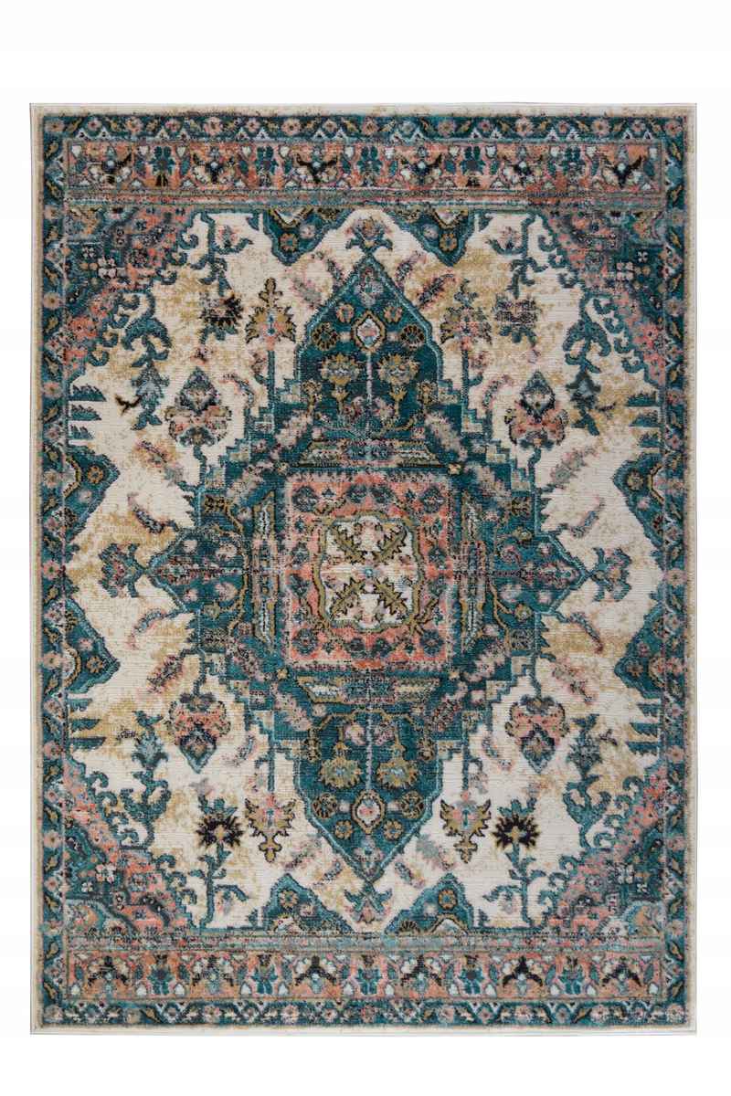 

60x100 cm Ornamentowy Dywan W Kwiaty Turkus Krem