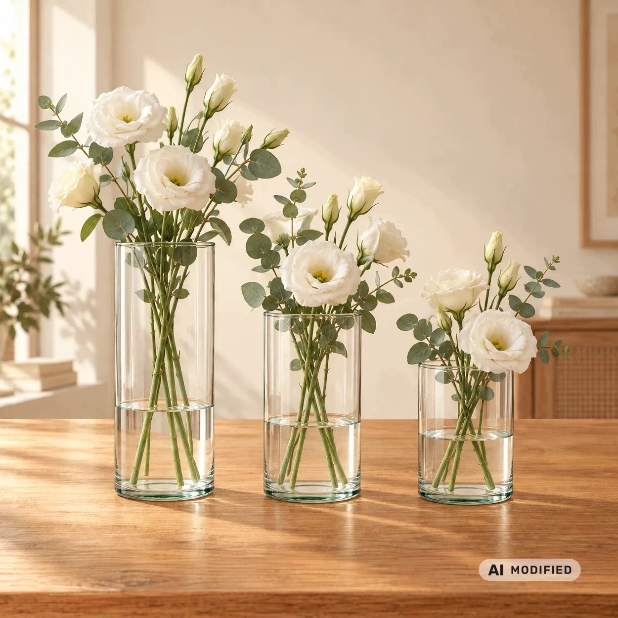 Sada 3 skleněných váz – cylindry 15/20/25 × 10 cm