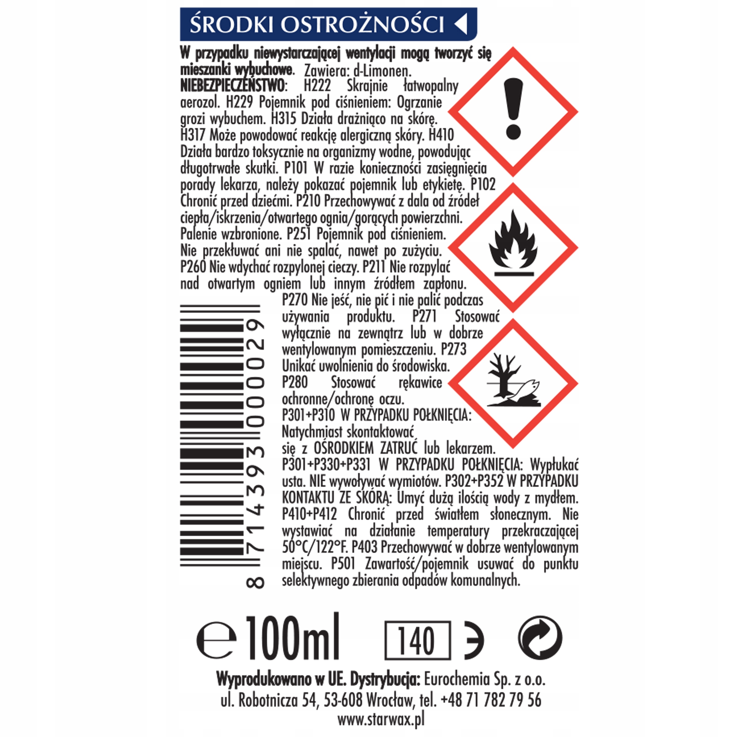 StarWax Naturalny rozpuszczalnik odplamiacz 100ml EAN (GTIN) 8714393000029