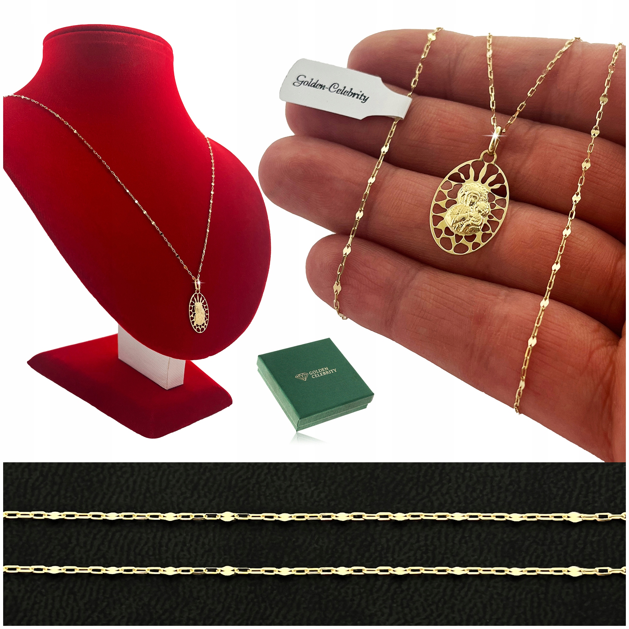 PIĘKNY ZŁOTY NASZYJNIK ANKIER+MEDALIK MATKA BOSKA CZĘSTOCHOWSKA 585 GRAWER