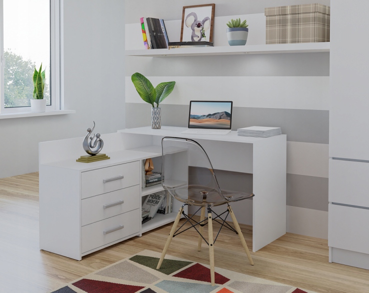 Białe biurko narożne z szufladami Marka Deson