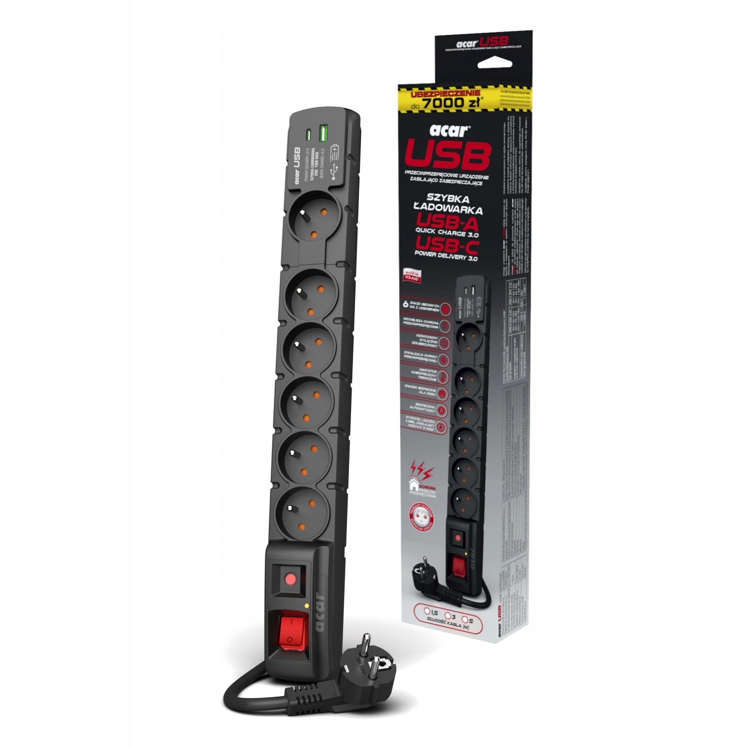Acar Filtr Przeciwprzepięciowy S6 czarny 3M Usb A+c (szybka ładowarka)W2436