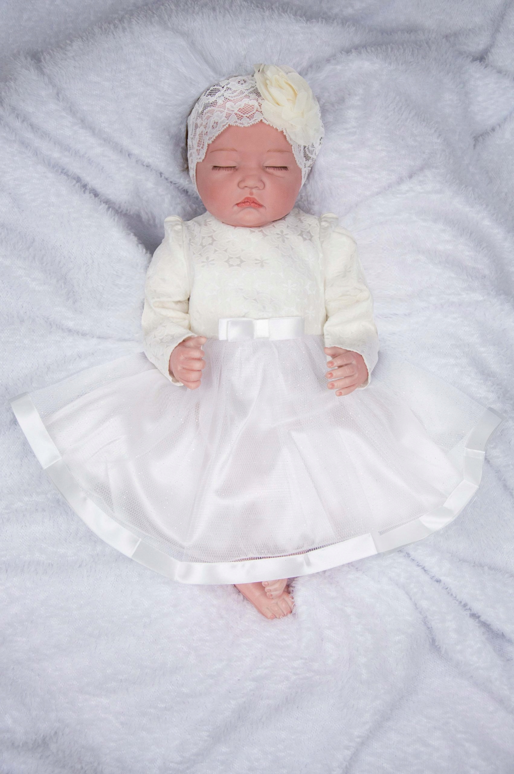 SUKIENKA długi rękaw DO CHRZTU ecru żakardowa 74 Kolor biały