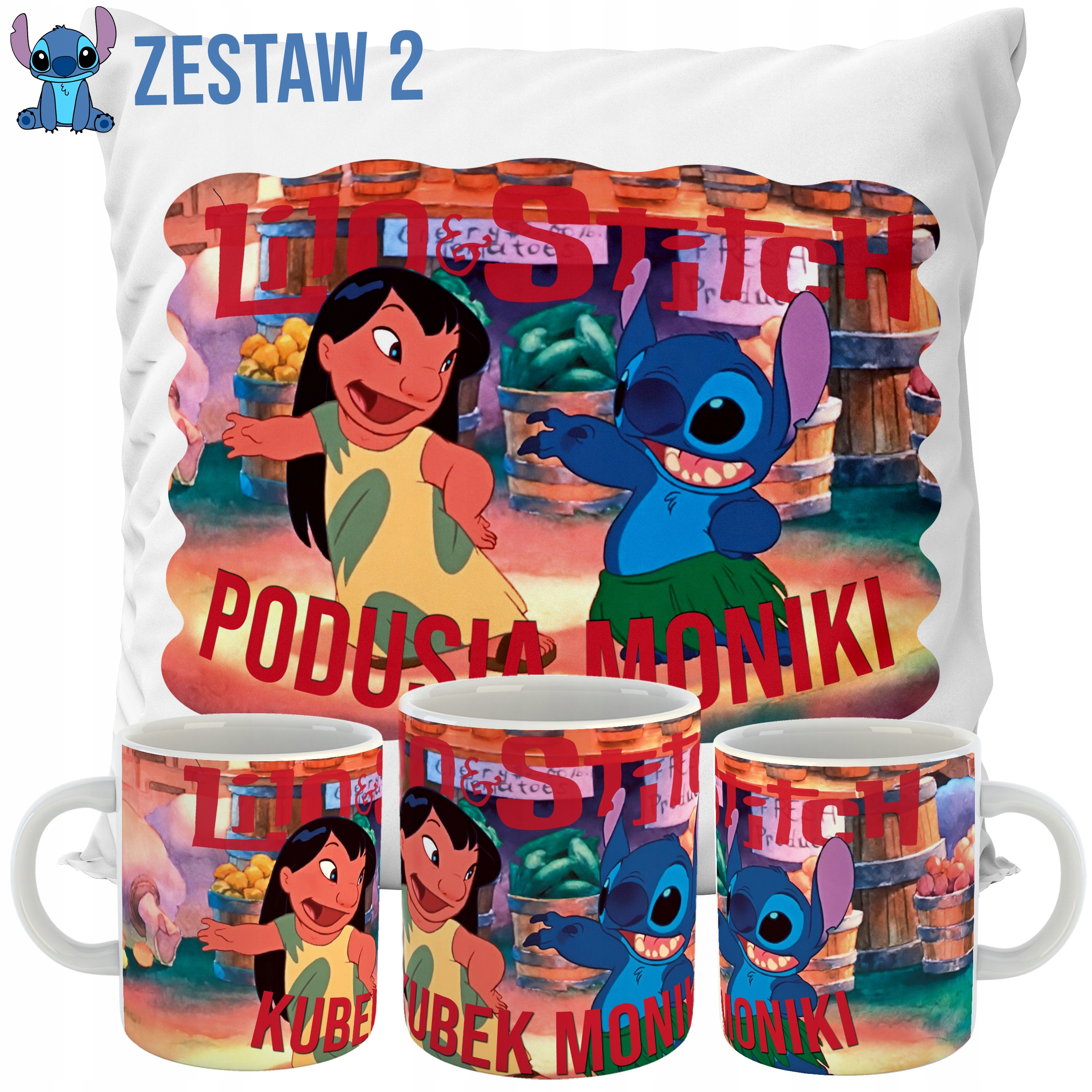 ZESTAW PODUSZKA + KUBEK LILO I STITCH IMIĘ PREZENT WZORY Szerokość produktu 40 cm