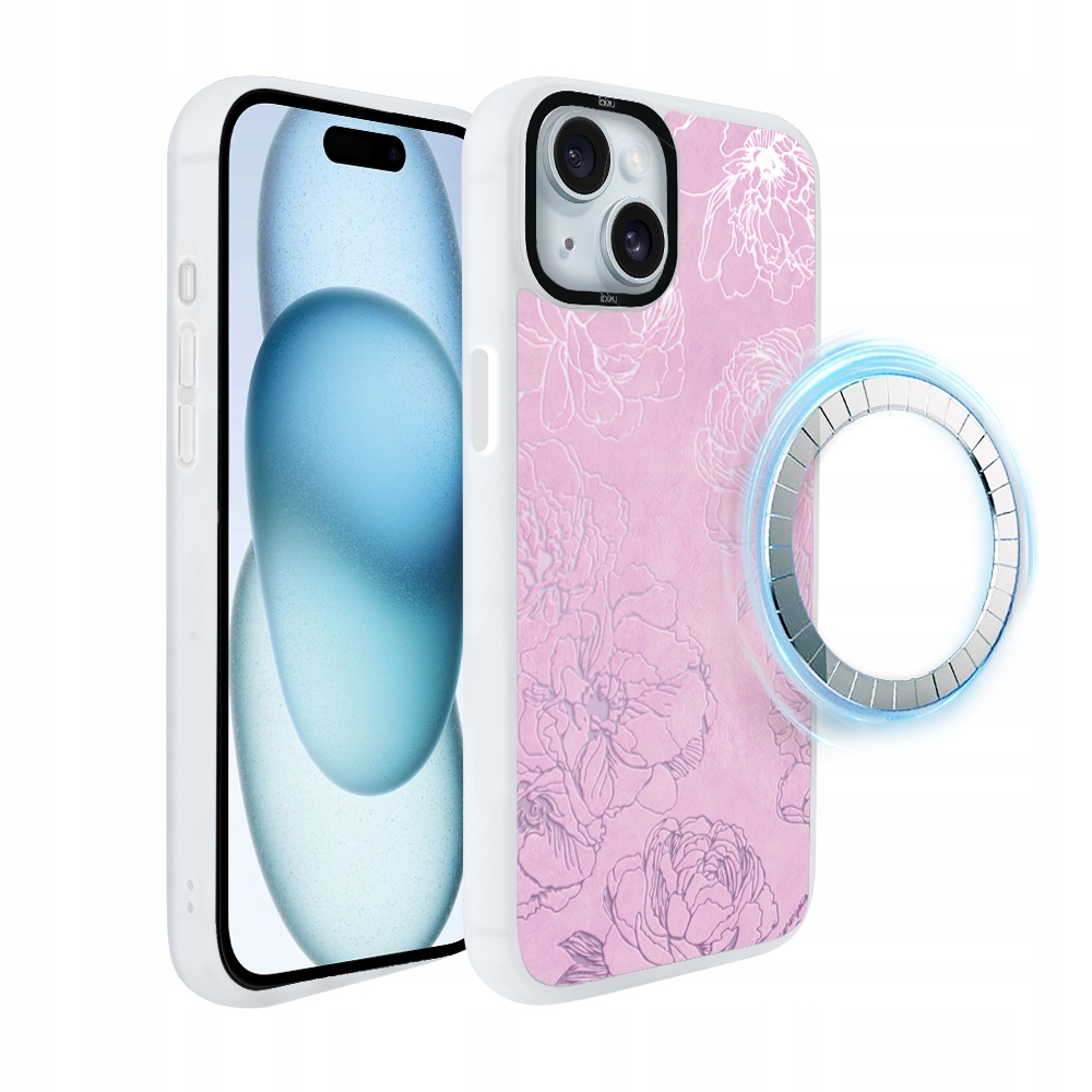 Pouzdro pro iPhone 15 Ibizu DropGuard Matt s MagSafe, růžové pivoňky, bílé