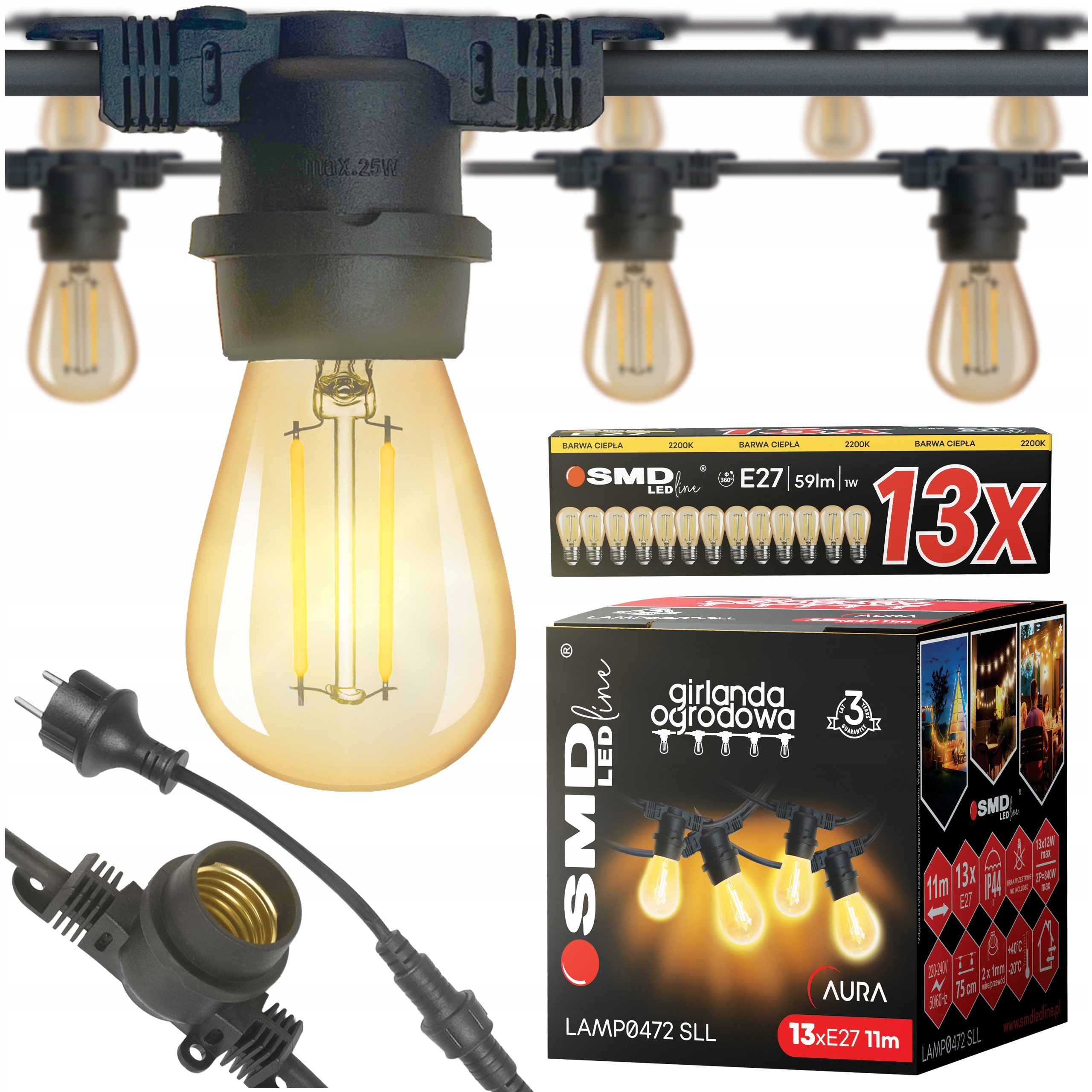 Zahradní světelná girlanda 10 m 13 x Led žárovka 1 W E27 Vodotěsný kabel