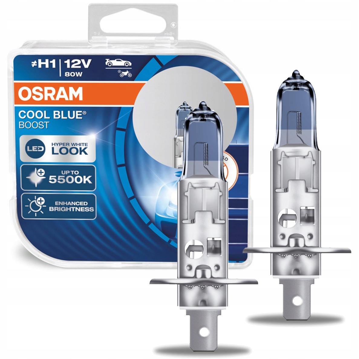 2x H1 OSRAM ŻARÓWKI 5500K COOL BLUE HYPER BOOST 12V WHITE LED LOOK 80W 62150CBBHCB za 55,10 zł