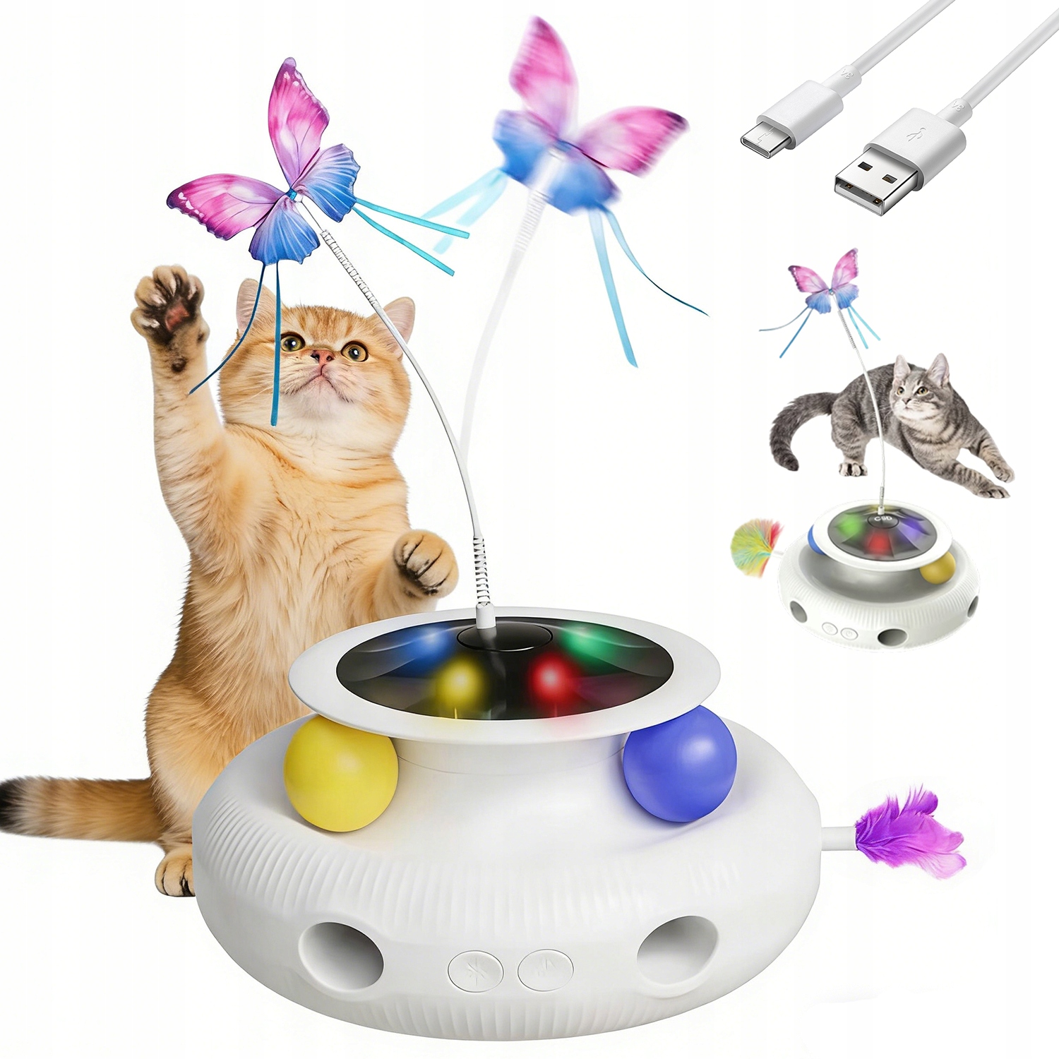 Levně Hračka Pro Kočky 4V1 Led Neon Usb Motýl Míč Zvonek Pírko
