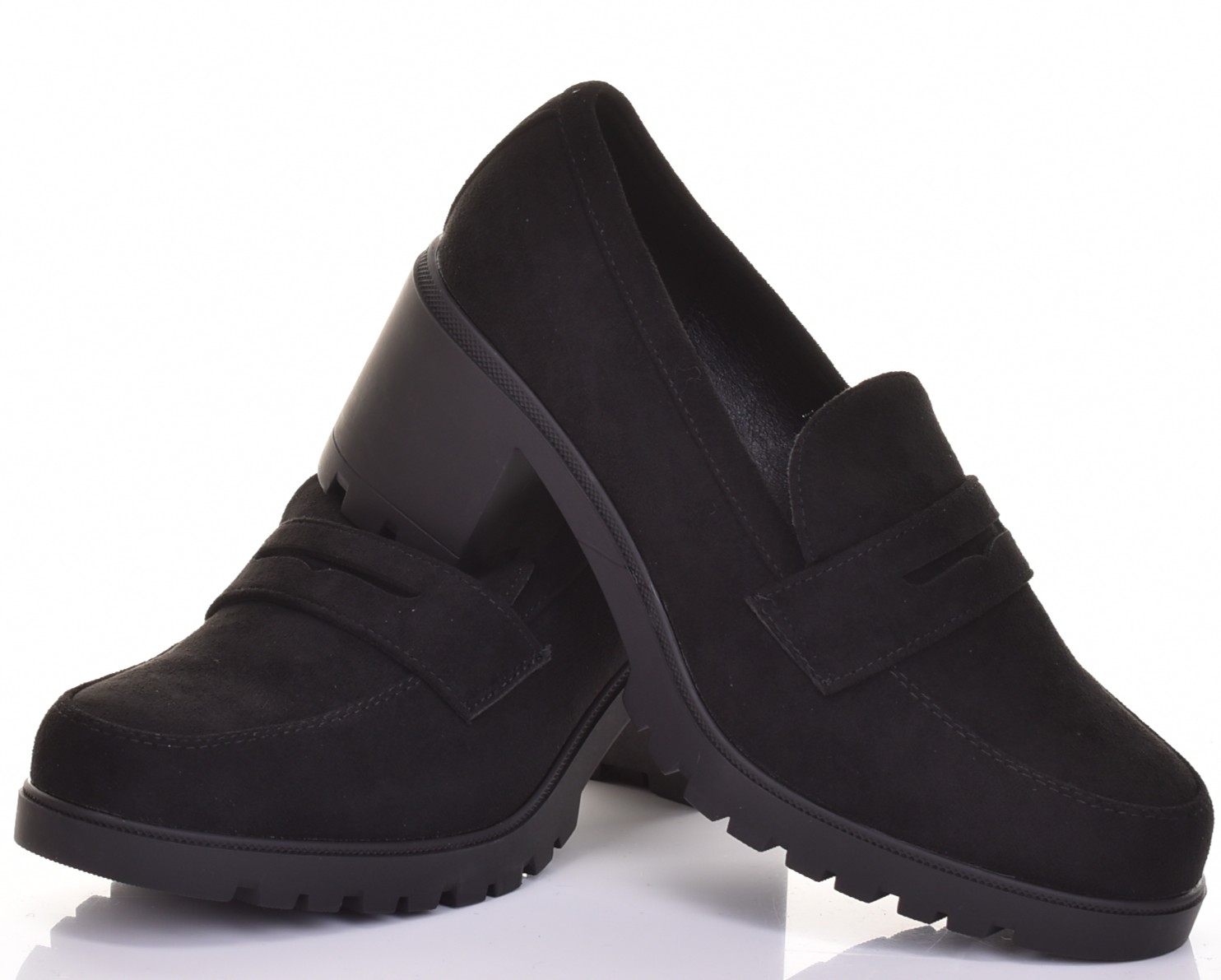 Klasyczne Czarne Loafersy Damskie Zamszowe Na Obcasie