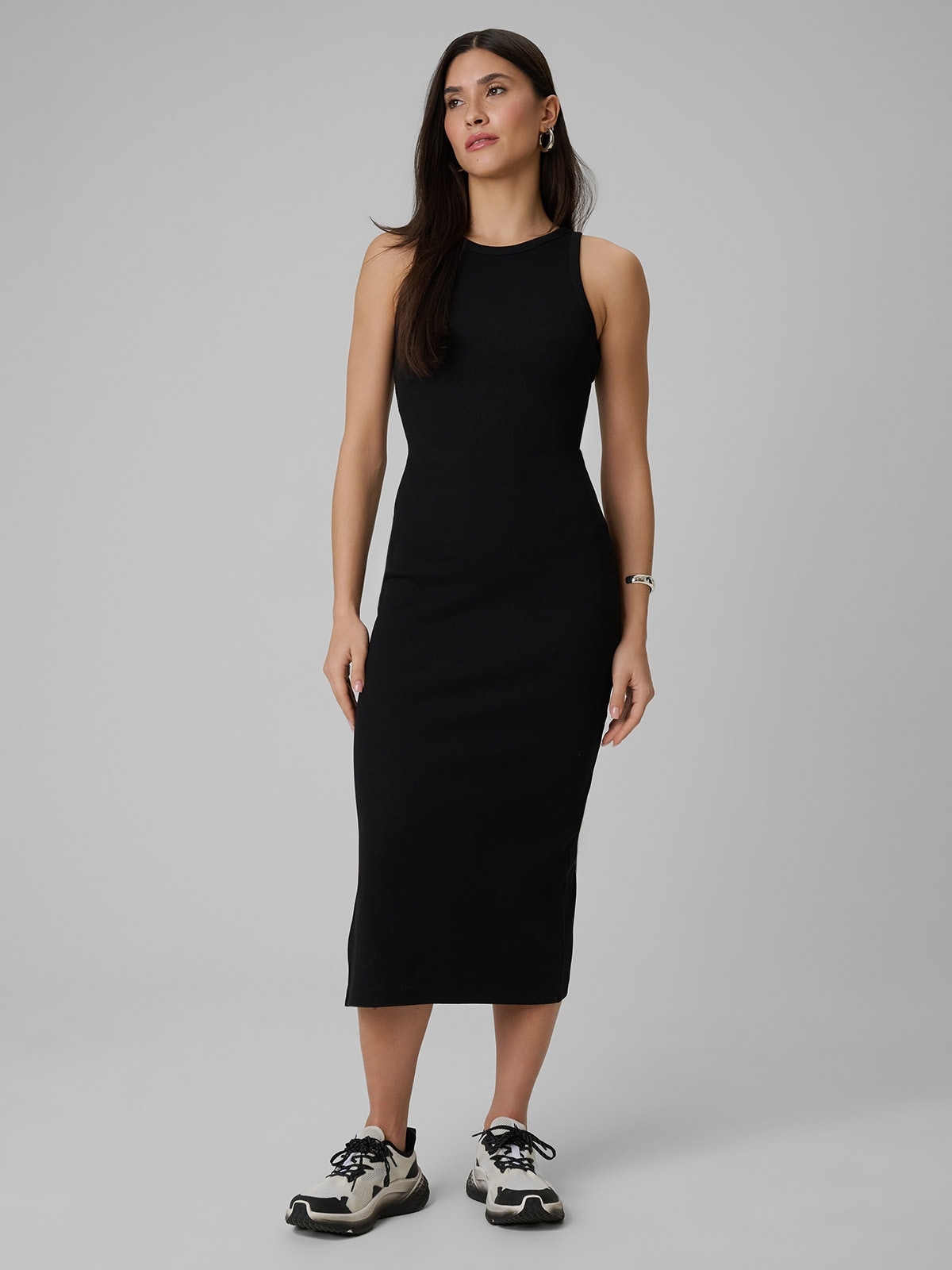 4F Šaty Černé Slim Maxi Pruhované S