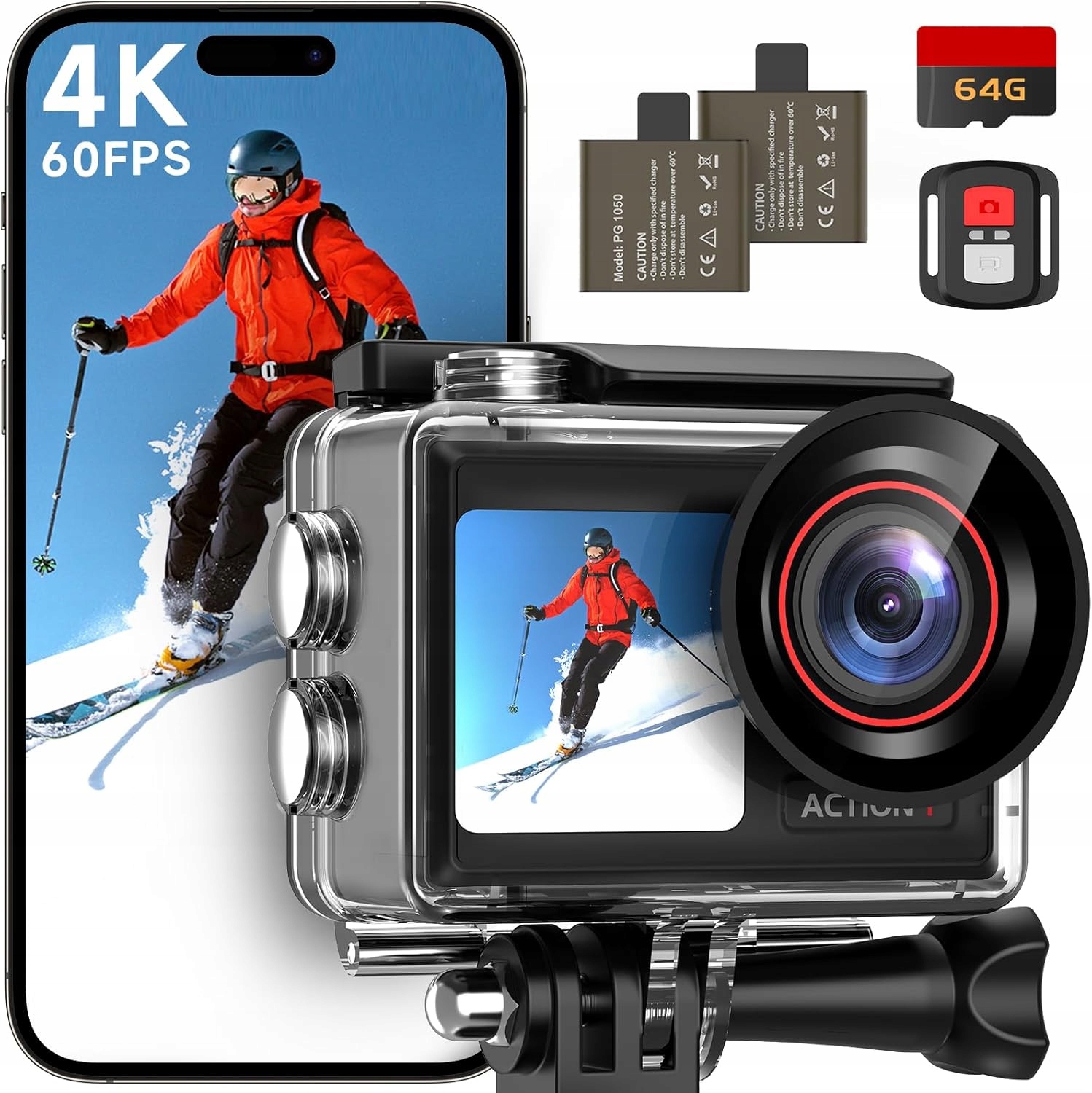 Športová kamera 4K 60FPS vodotesná 30MP dotyková diaľkové ovládanie karta 64GB príslušenstvo