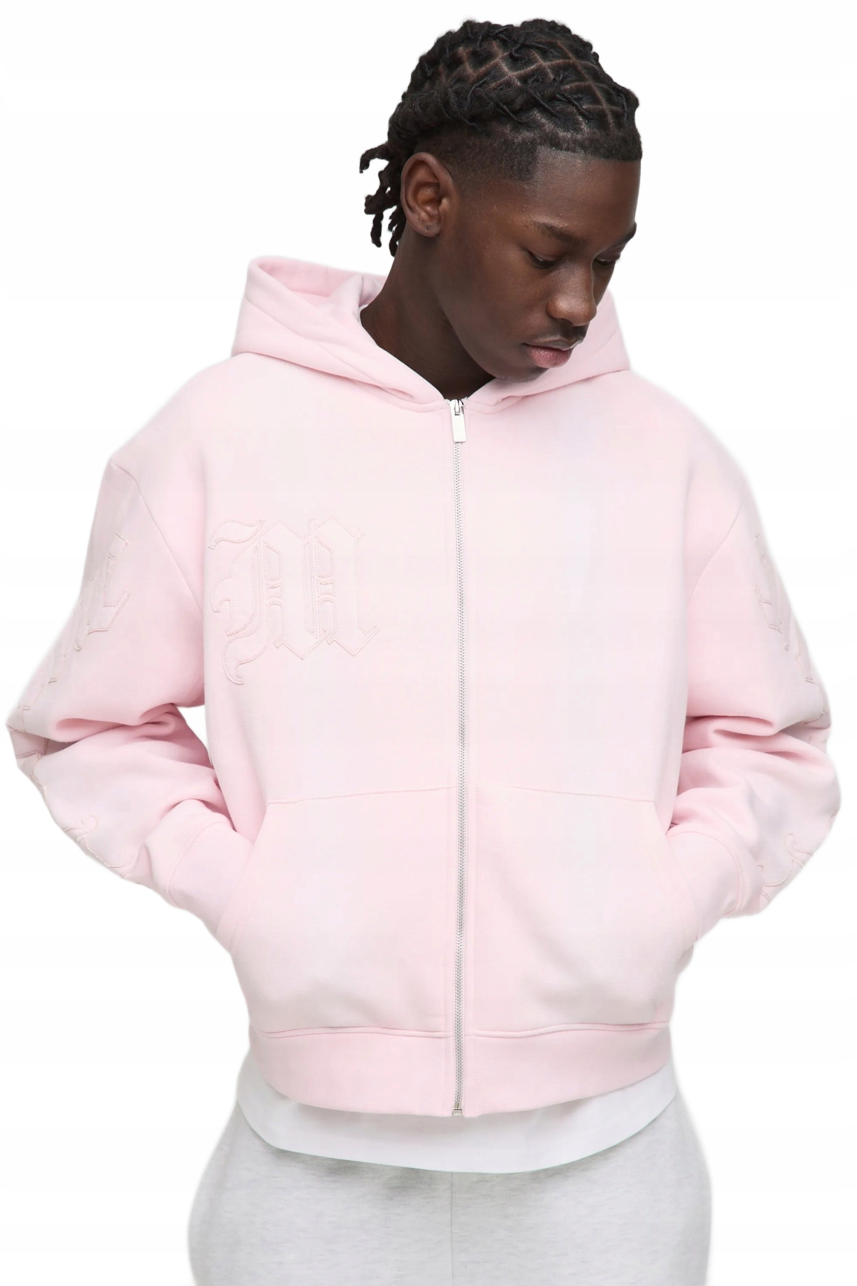 Boohooman Pánská Mikina S Kapucí Růžová S Výšivkou A Zipem L Z3A