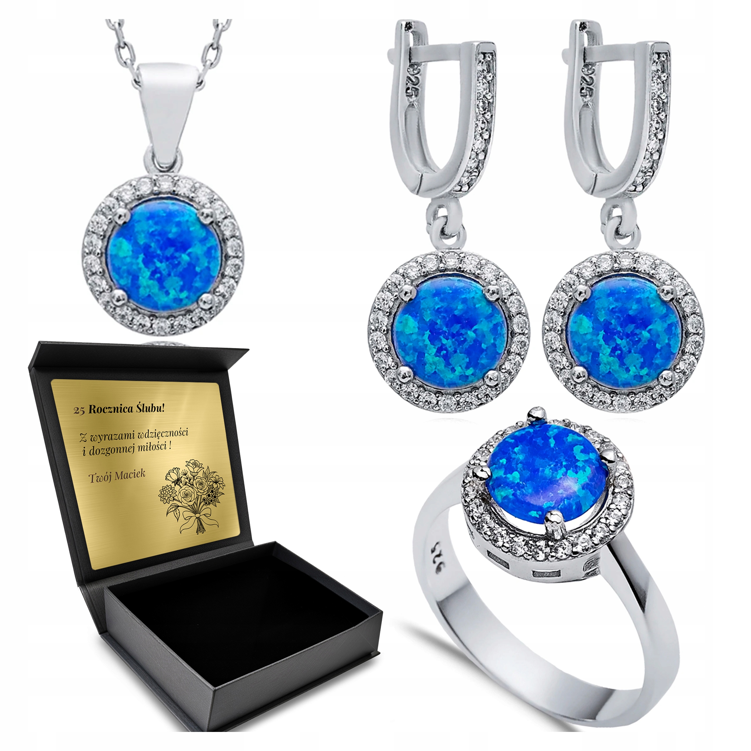 Komplet Stříbrných Šperků 925 Zirkony Opal Dárek pro ženu Gravírování