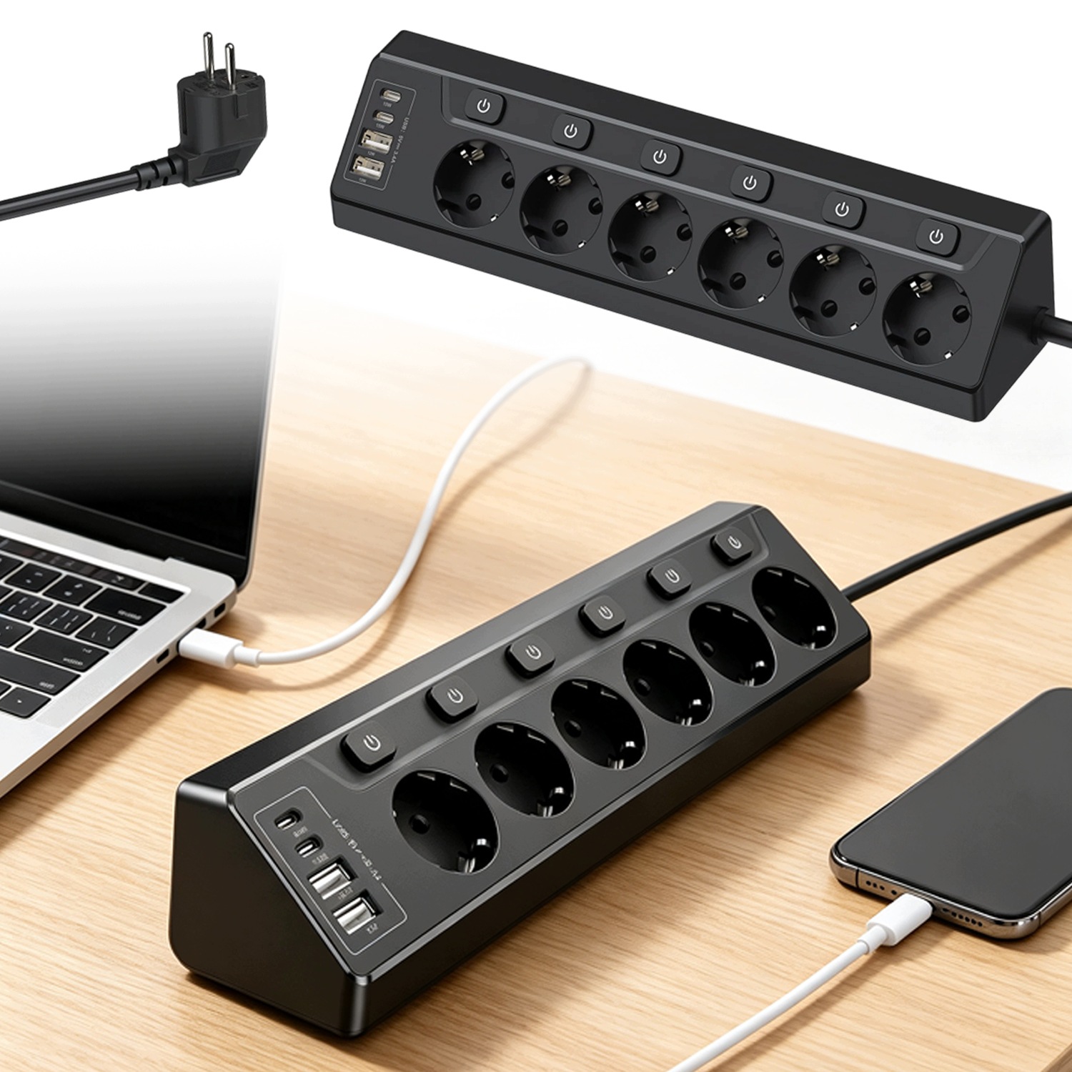 Prodlužovací Kabel Zásuvková Lišta Rozdělovač Vypínač 6 Zásuvek 4xUSB 2 Metry