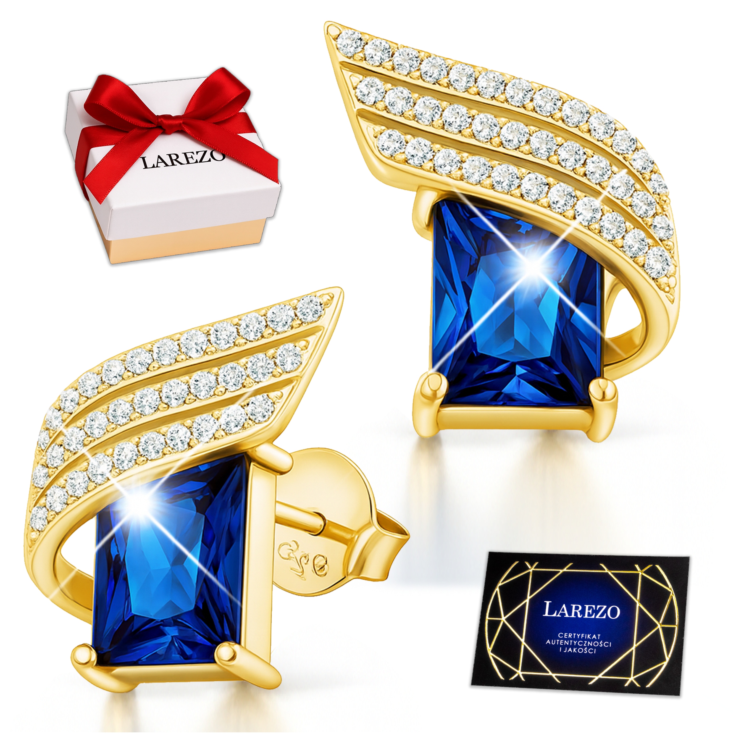 Zlaté Náušnice Modré Krystaly Zirkony Čtverce Křídla Stříbro 925