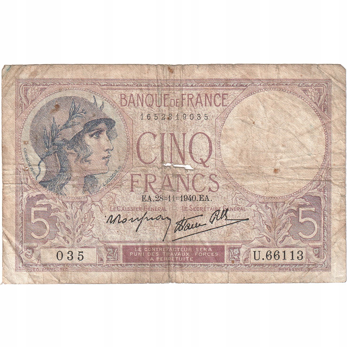 Francja, 5 Francs, Violet, 1940-11-28, U.66113, VG