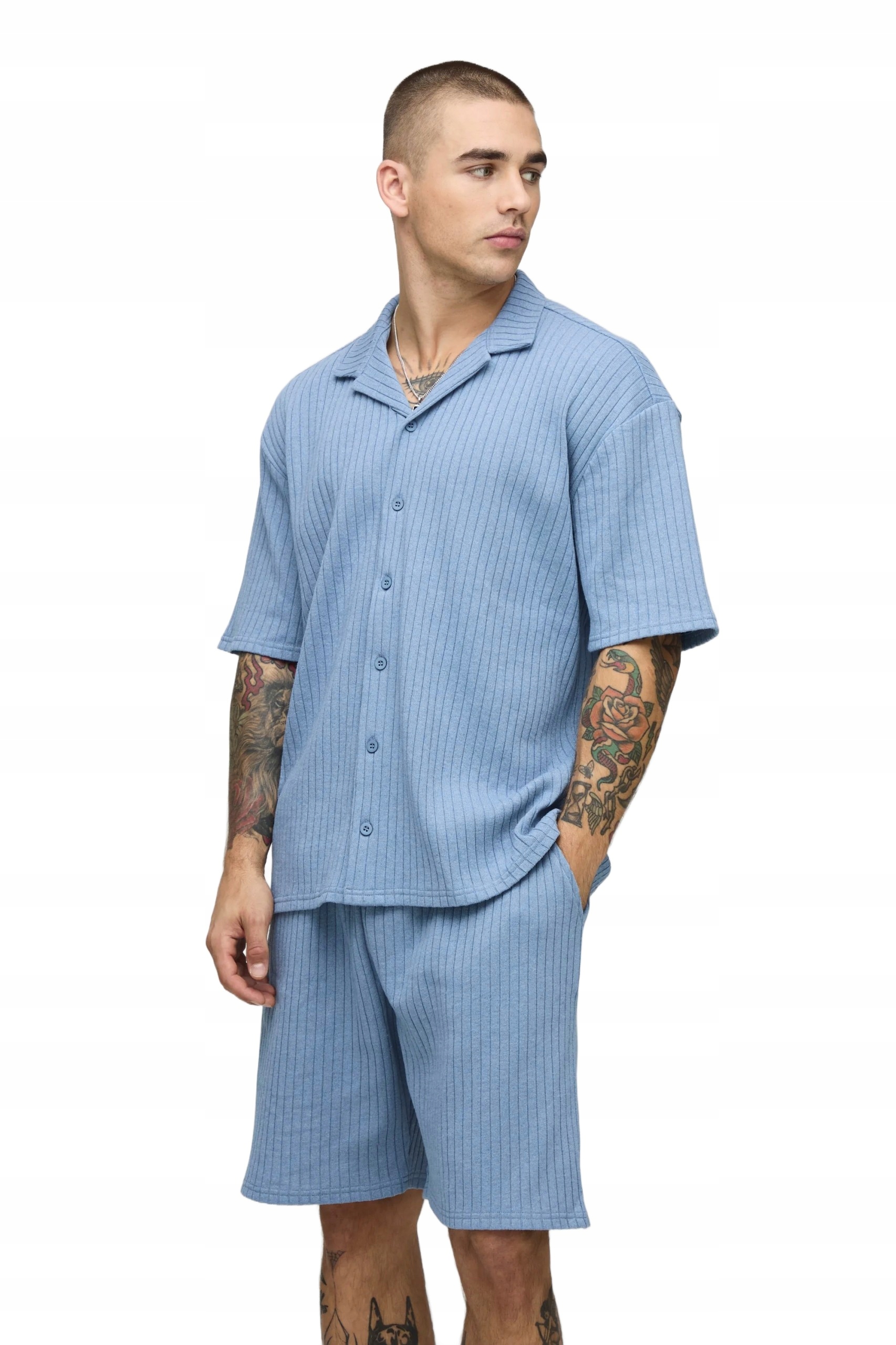 Boohooman Pánský Modrý Komplet S Krátkým Rukávem, Pruhované Šortky, Velikost Z3A