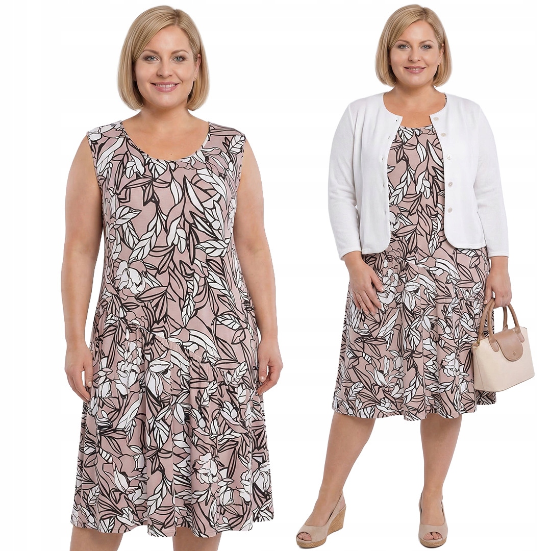 Šaty béžová s květinami bez rukávů plus size velikost 60/62