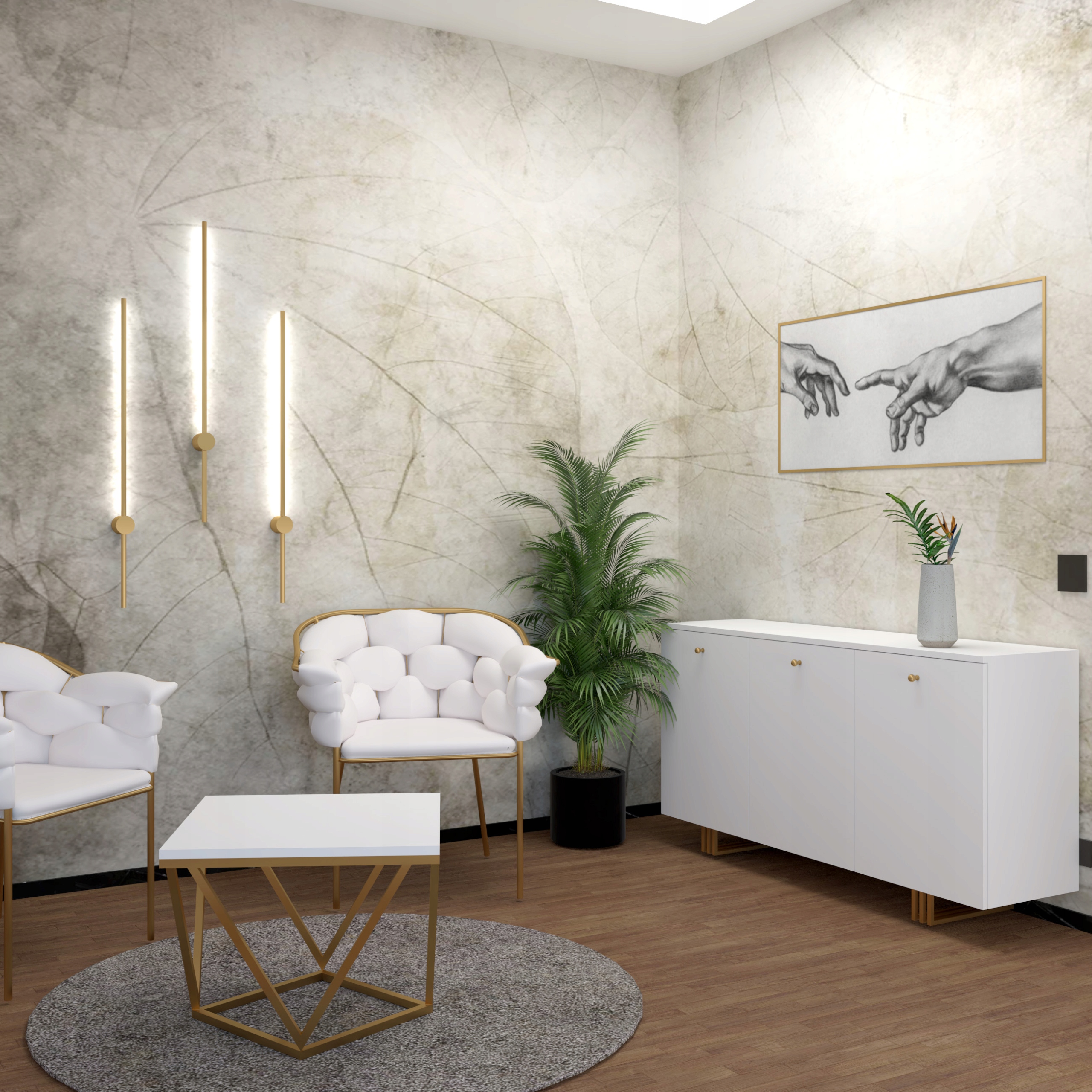 NOWOCZESNA ELEGANCKA POJEMNA KOMODA 150 CM Z SZAFKAMI BIAŁA ZŁOTE NOGI Materiał płyta laminowana