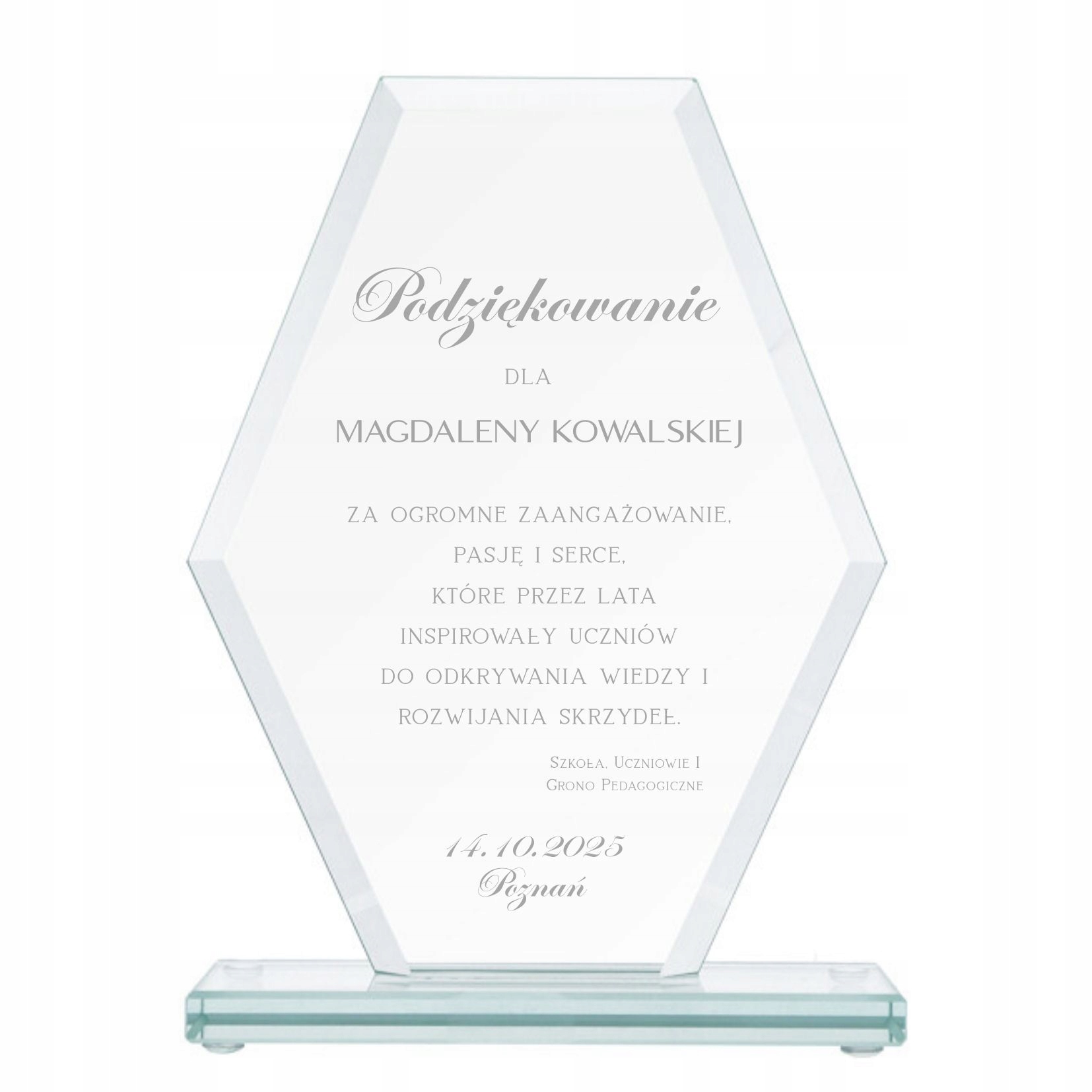 Skleněná soška s gravírováním je poděkována učiteli, zaměstnancům, firmám