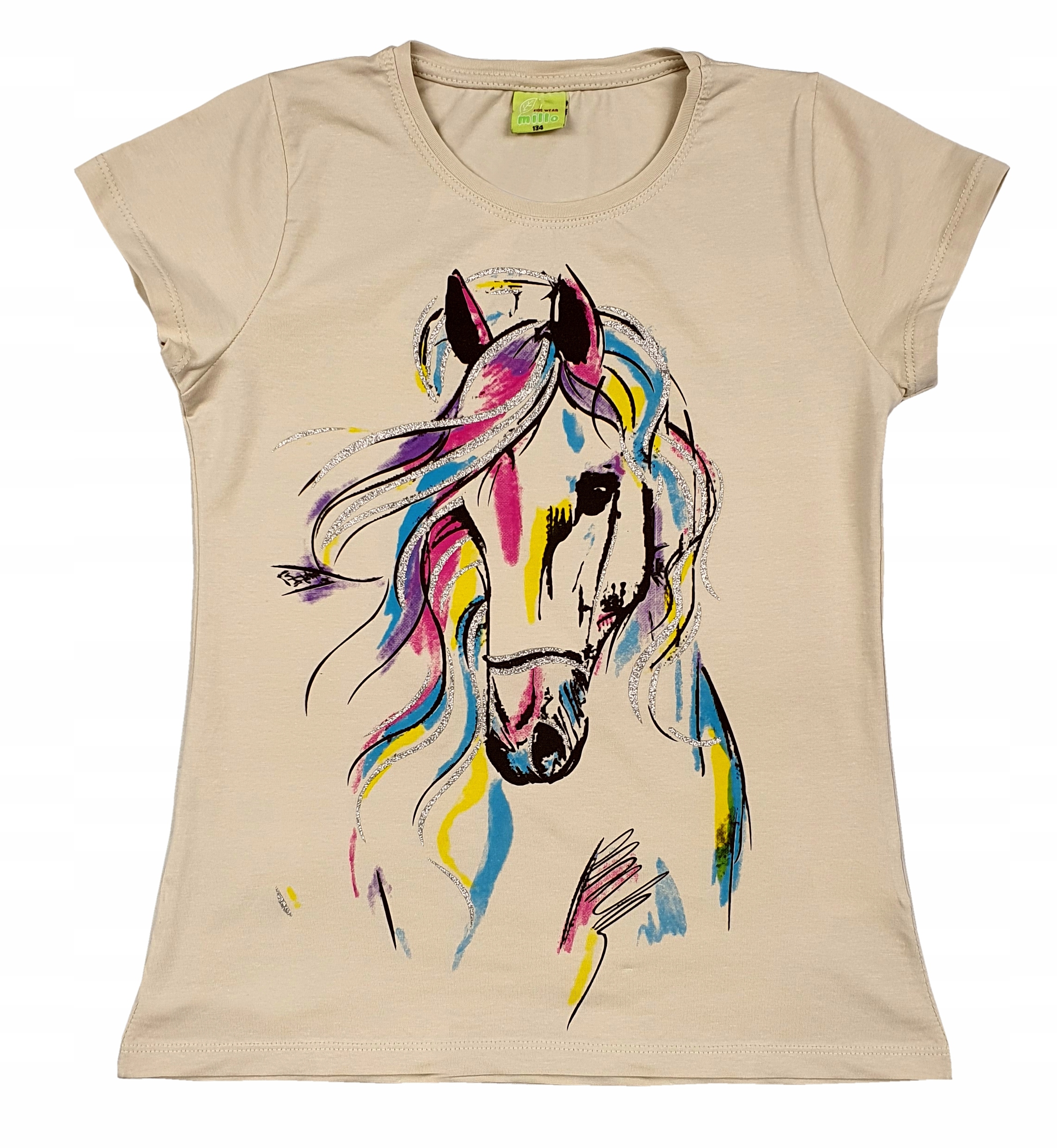 Beżowa BLUZKA nadruk KOŃ brokat 146 CK80