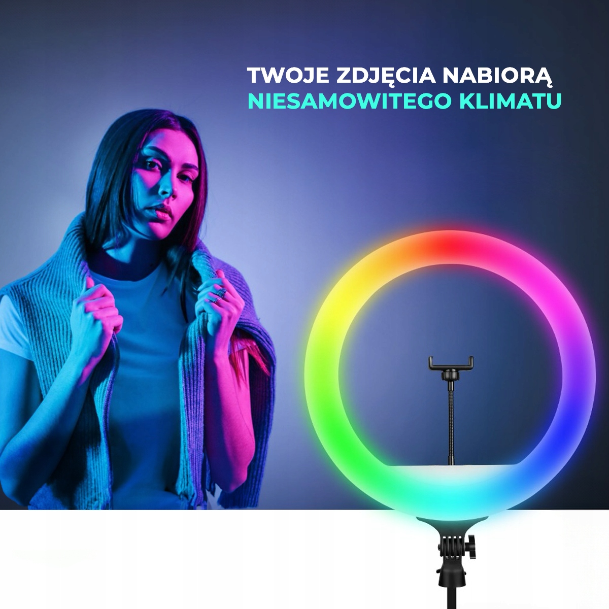 LAMPA PIERŚCIENIOWA LED ZE STATYWEM 220cm USB 80W 26cm RING RGB Kod producenta LAMPA PIERŚCIENIOWA LED RGB 26cm RING