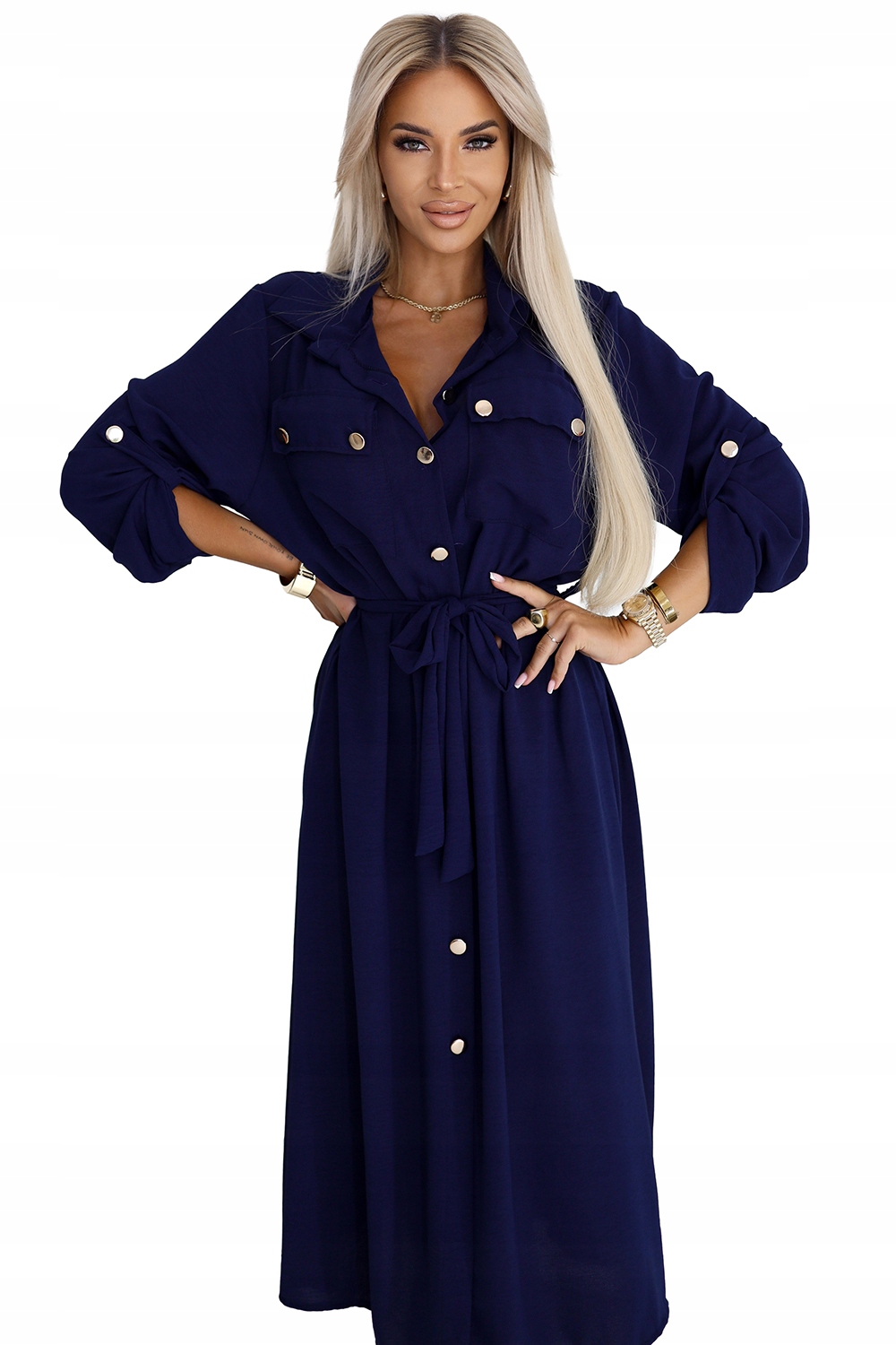 Modrá Midi šála se zlatými knoflíky a zavazováním