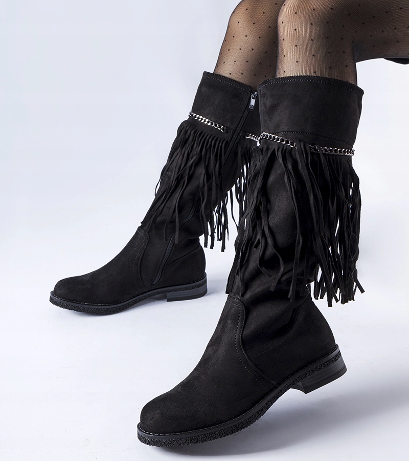 Czarne kozaki z łańcuszkiem i frędzlami 26868 26868 rozmiar 41 Płeć kobieta