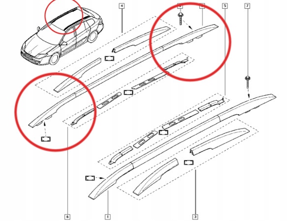 RENAULT LAGUNA III KOMBI 2x PLASTIK DACHU RELINGU Color silver