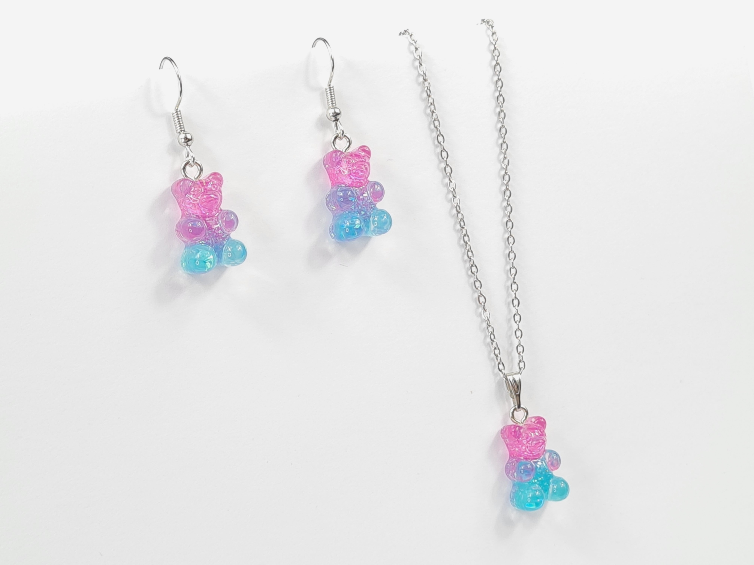 Komplet NASZYJNIK KOLCZYKI MIŚ Gumisie ŻELKI Różowo-Błękitny Brokat K13 Kolor różowy