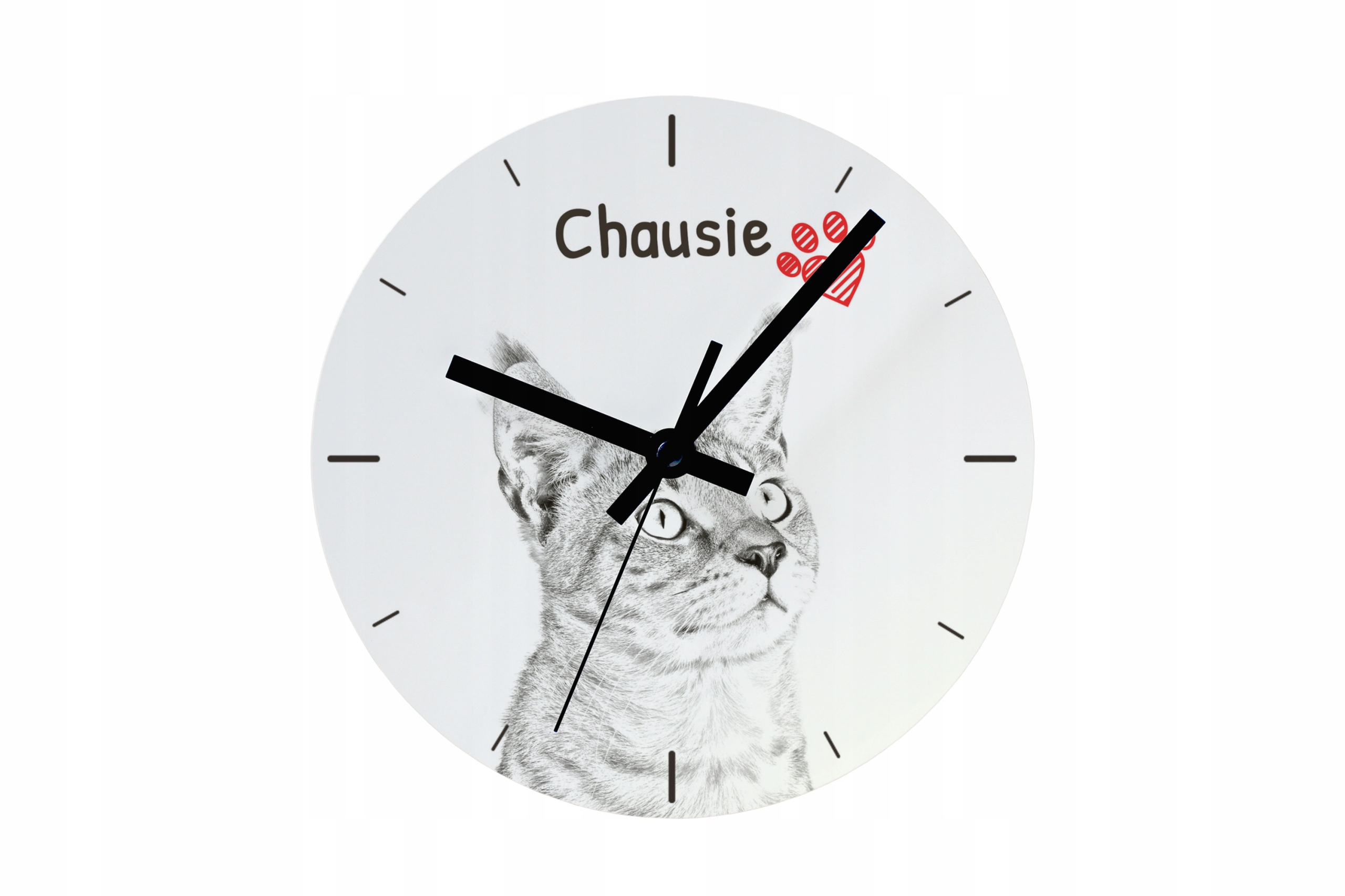 Kočka Chausie hodiny s kočkou závěsné a stojící, personalizace fotografií