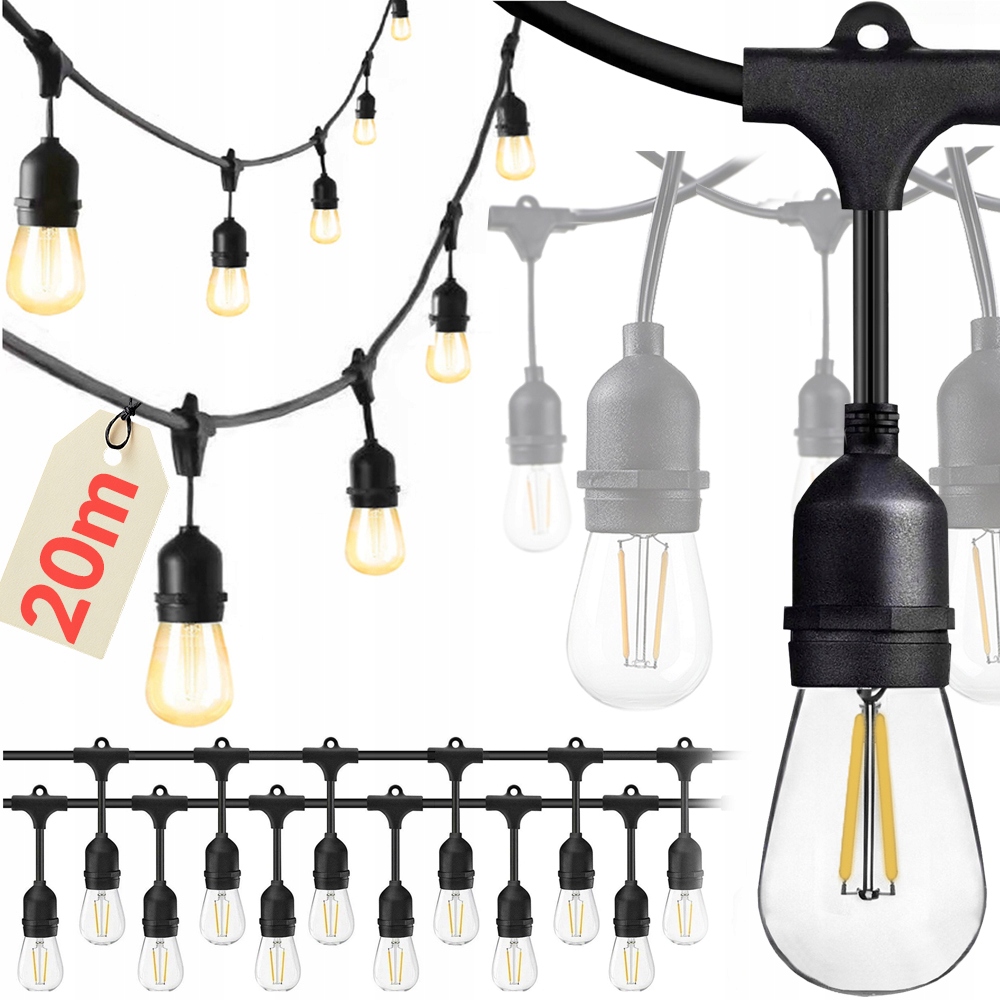 Odporna Całoroczna Wodoczelna Girlanda Ogrodowa Z Żarówkami E27 IP65 20m