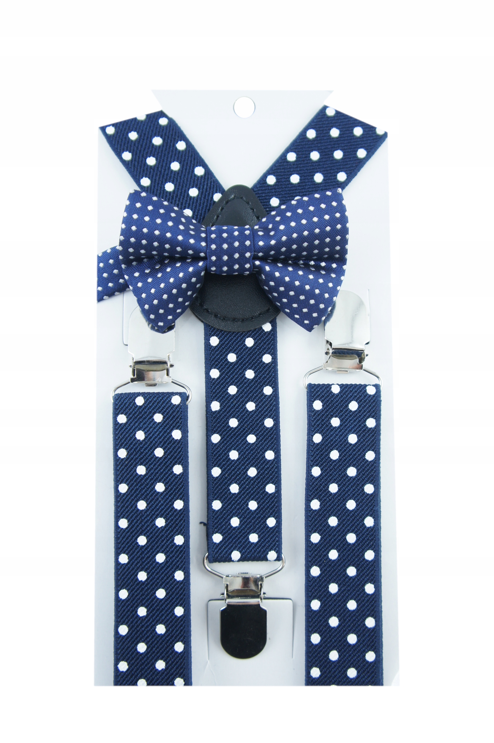 Granatowe Szelki i muszka na chrzest roczek W KROPKI GROSZKI