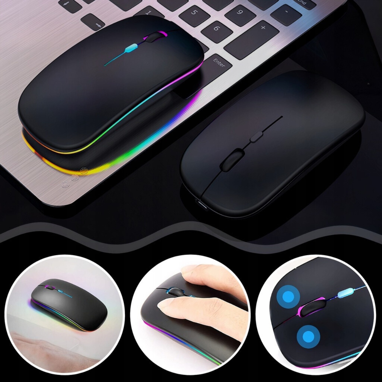 LEKKA CICHA MYSZKA BEZPRZEWODOWA LED RGB MYSZ DO LAPTOPA KOMPUTERA BIURA Kolor czarny