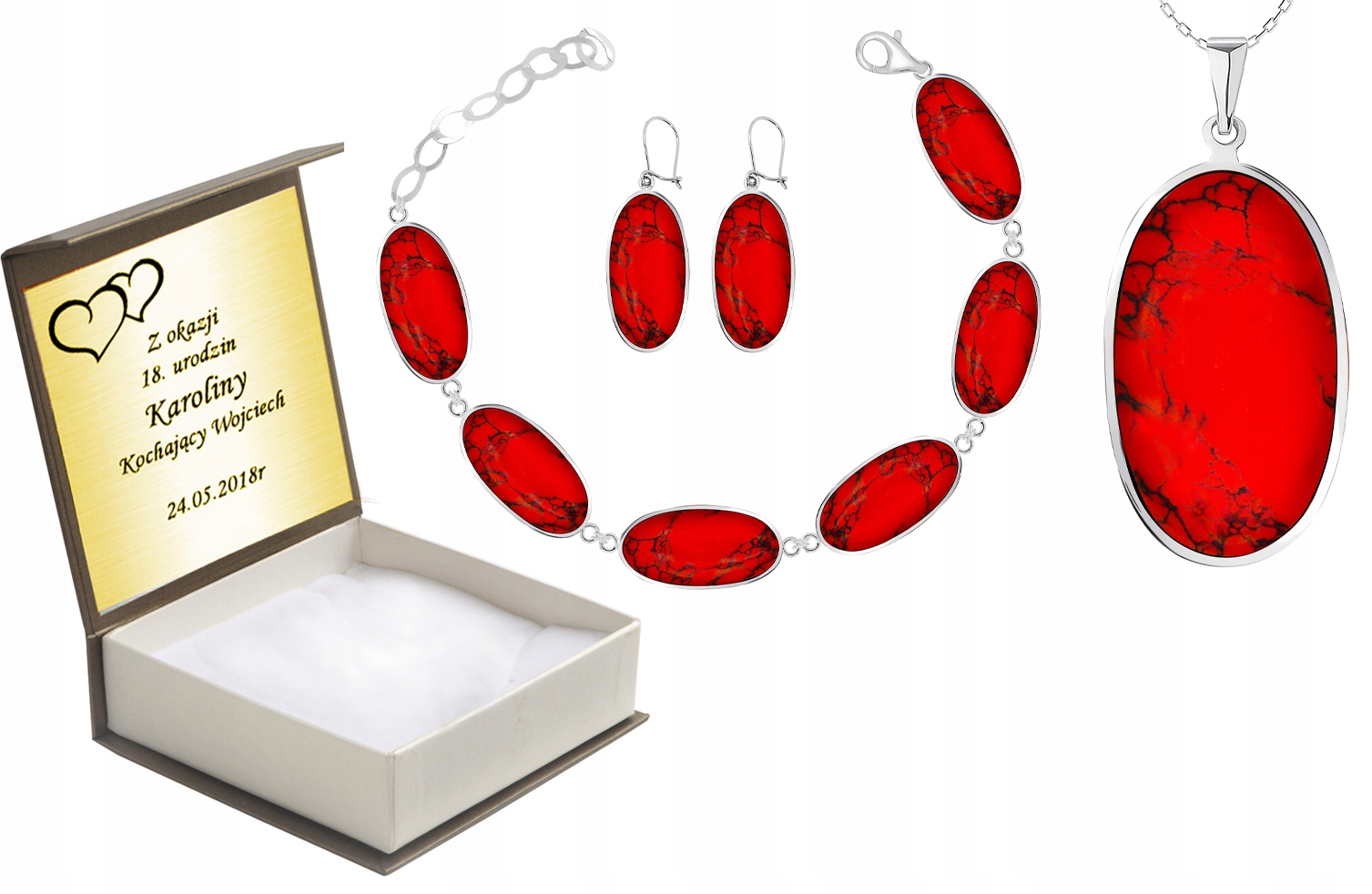 

Komplet Biżuterii Srebrnej Z Koralami + Grawer