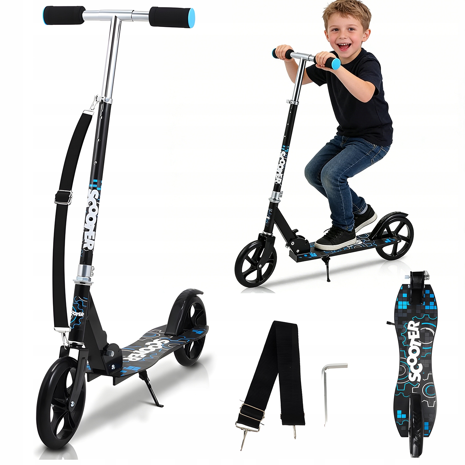 Hulajnoga Składana 2 Kołowa Do 80KG Koła Led 205MM Czarny Nastawny 91-101CM