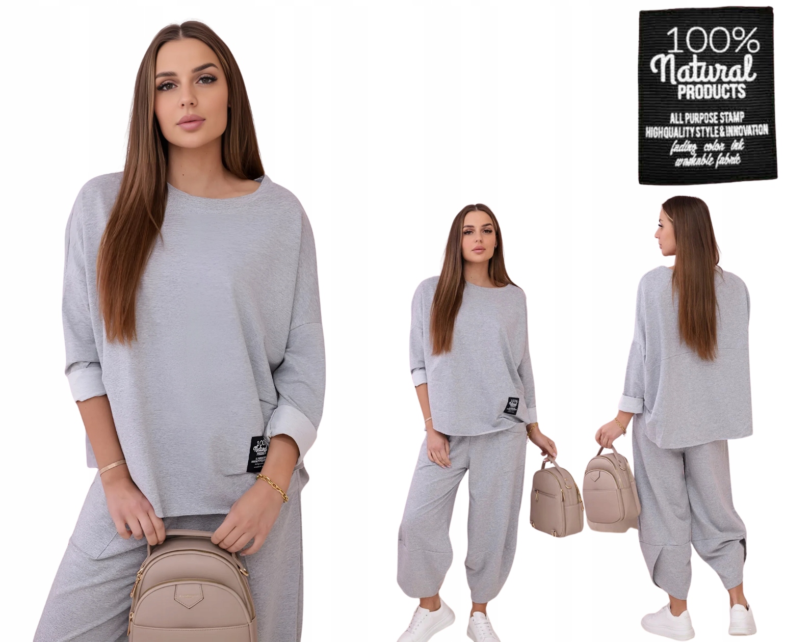 Světle šedý dámský bavlněný komplet: oversize mikina a kalhoty