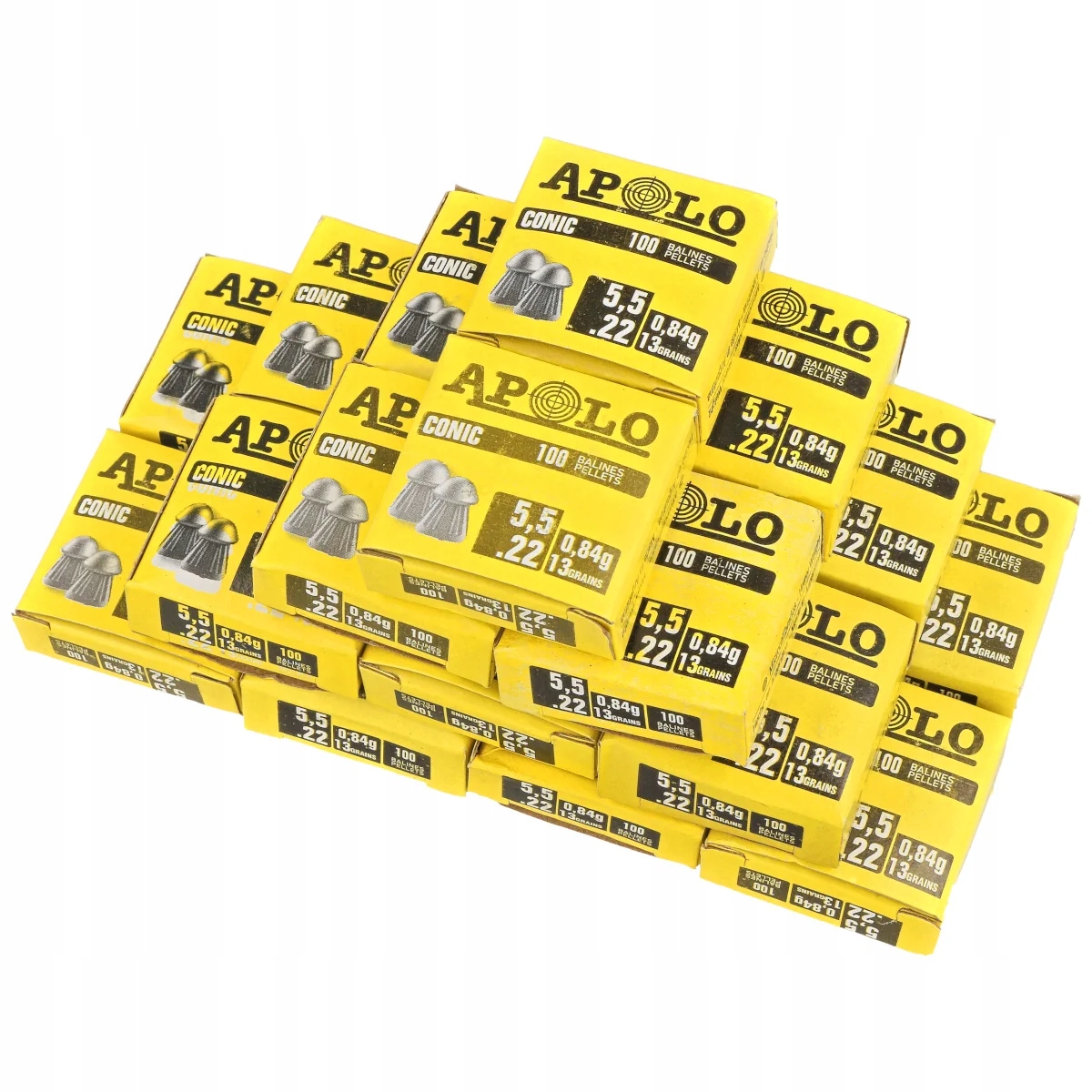 Zestaw 20 opakowań śrutu 100szt każde Apolo Conic 5.5 mm – 2000 szt śrutu.