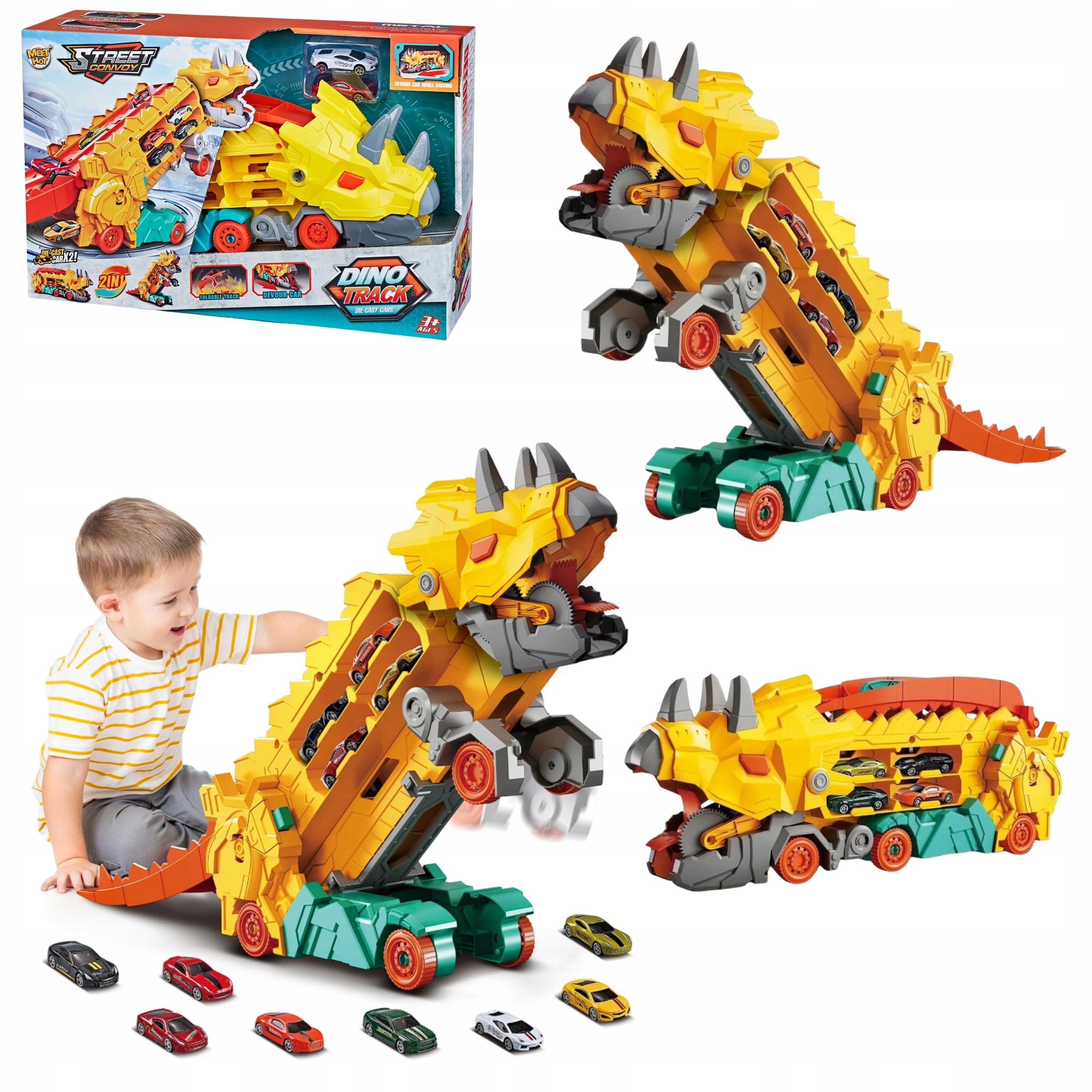 Dino Ciężarówka Transporter 2 Autka Wyścigowe Z Rampą Transformacja Dzieci