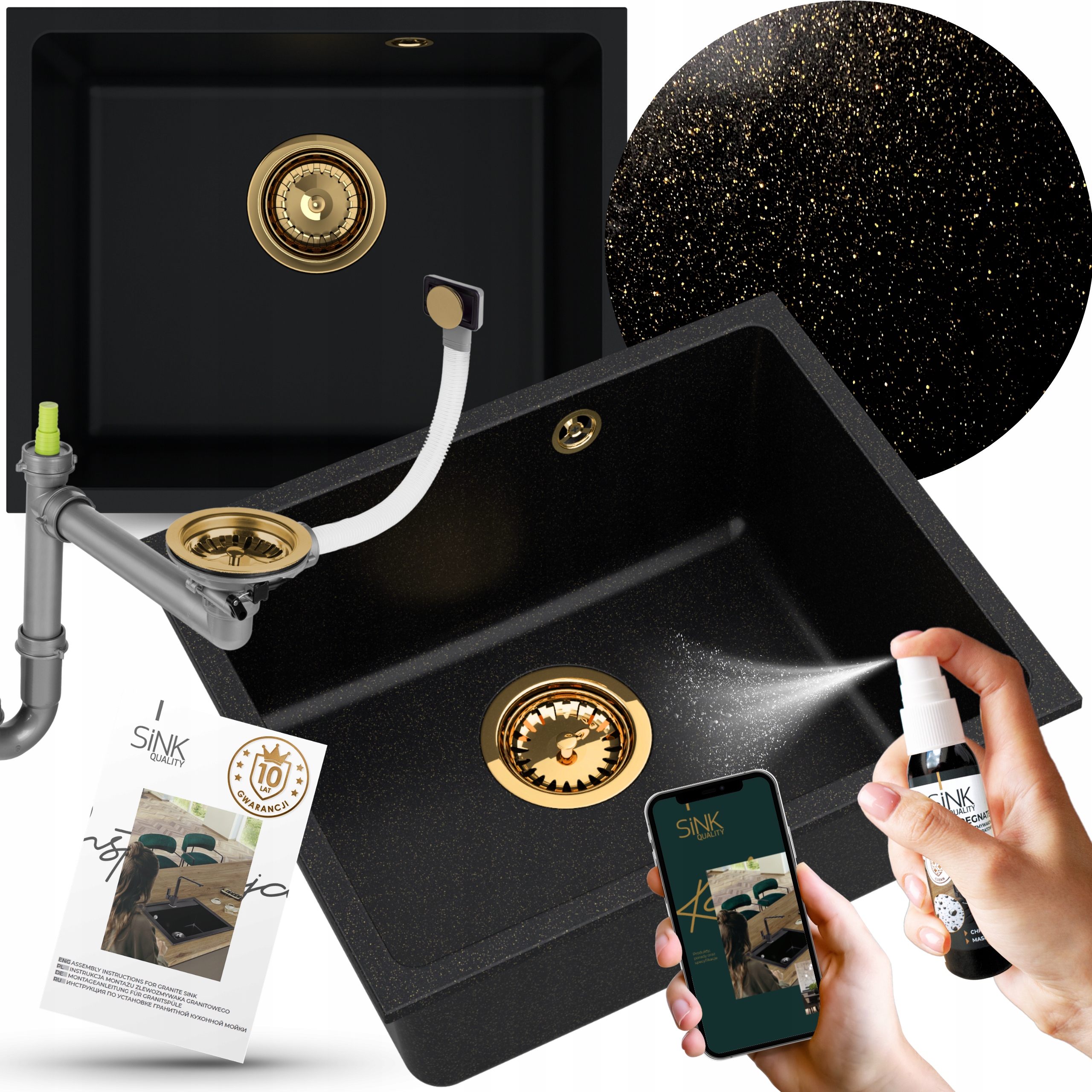 Jednokomorový granitový Podblatový Drez Čierny Zlatý Syfon Impregnat