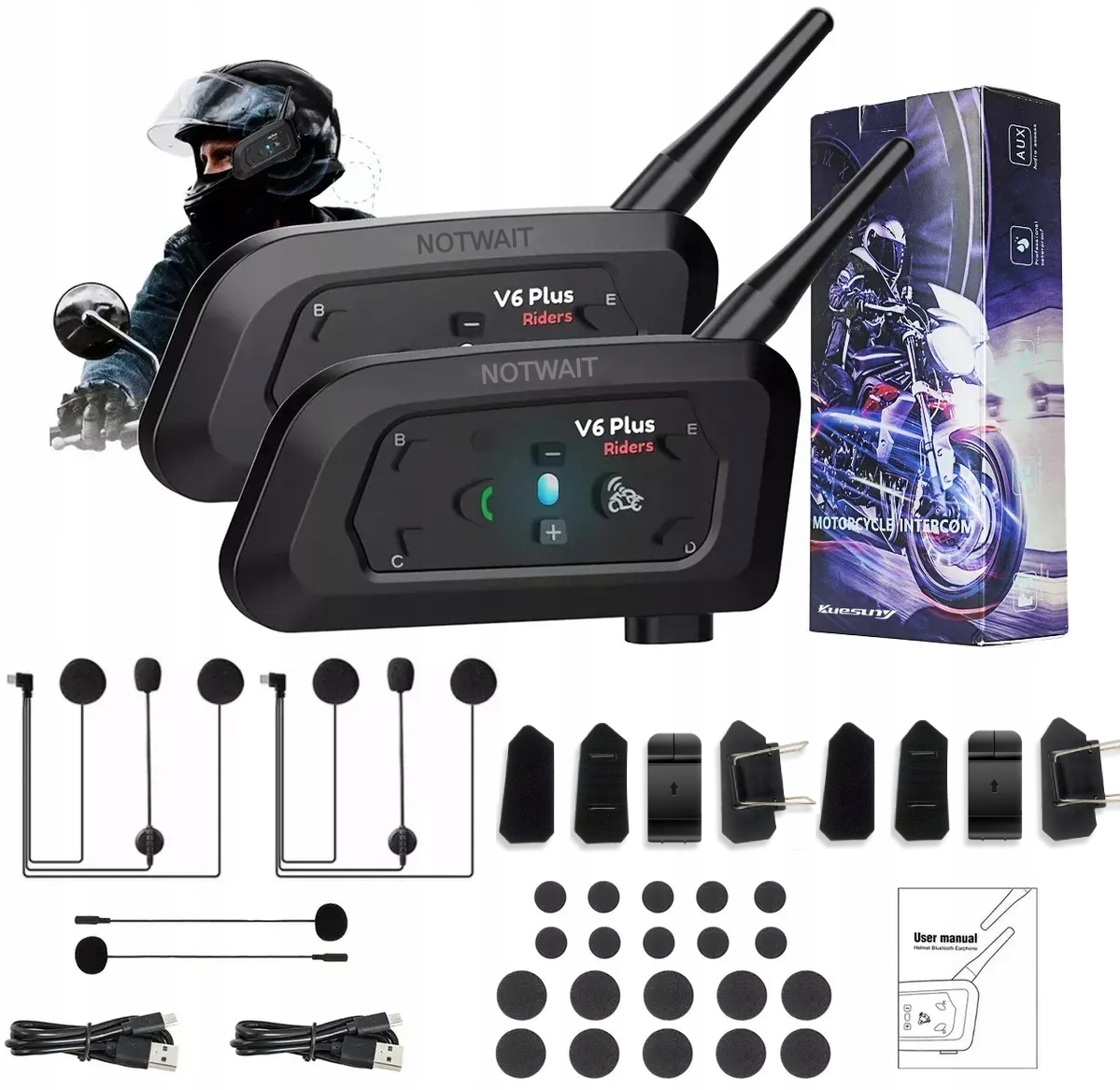 2X Interkom Motocyklový Interkom Bluetooth V6 Plus Vodotesný IPX65 1500M
