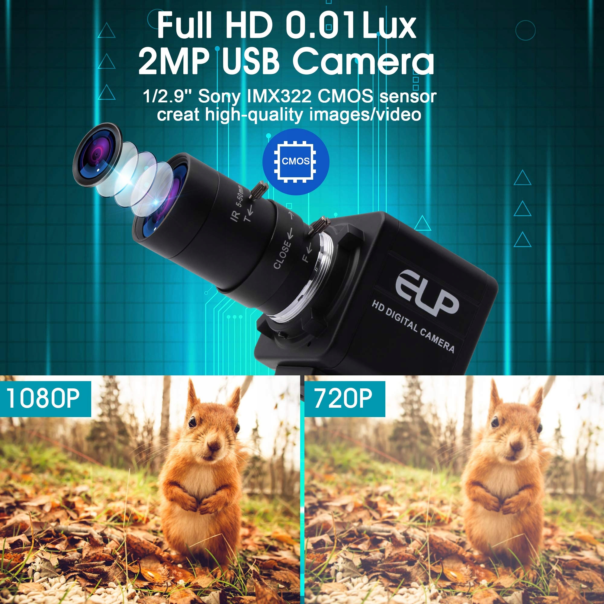 ELP Kamera FHD 1080P Zoom Ogniskowa 5-50mm USB — miniatura 3