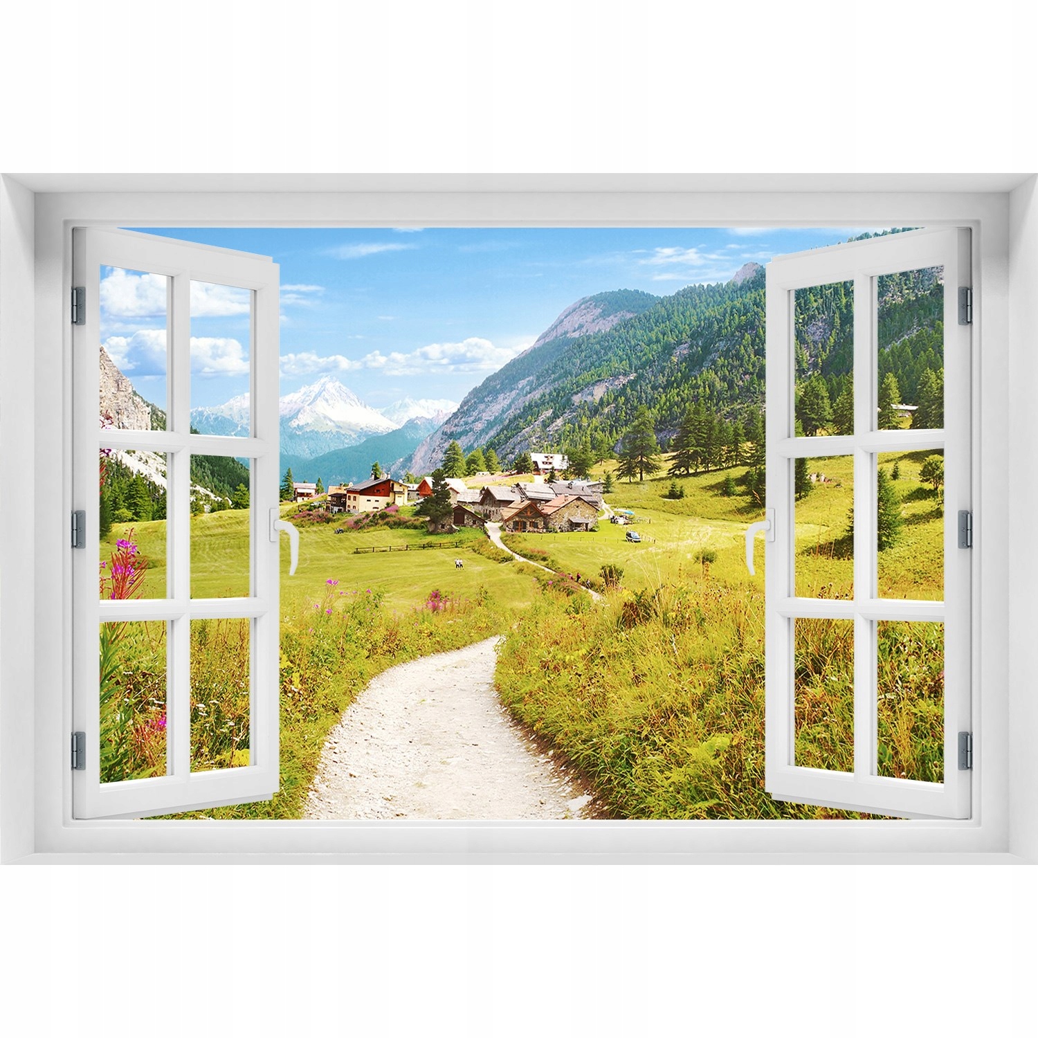 

Naklejka Fototapeta Okno Pastwisko w Alpach 90x60